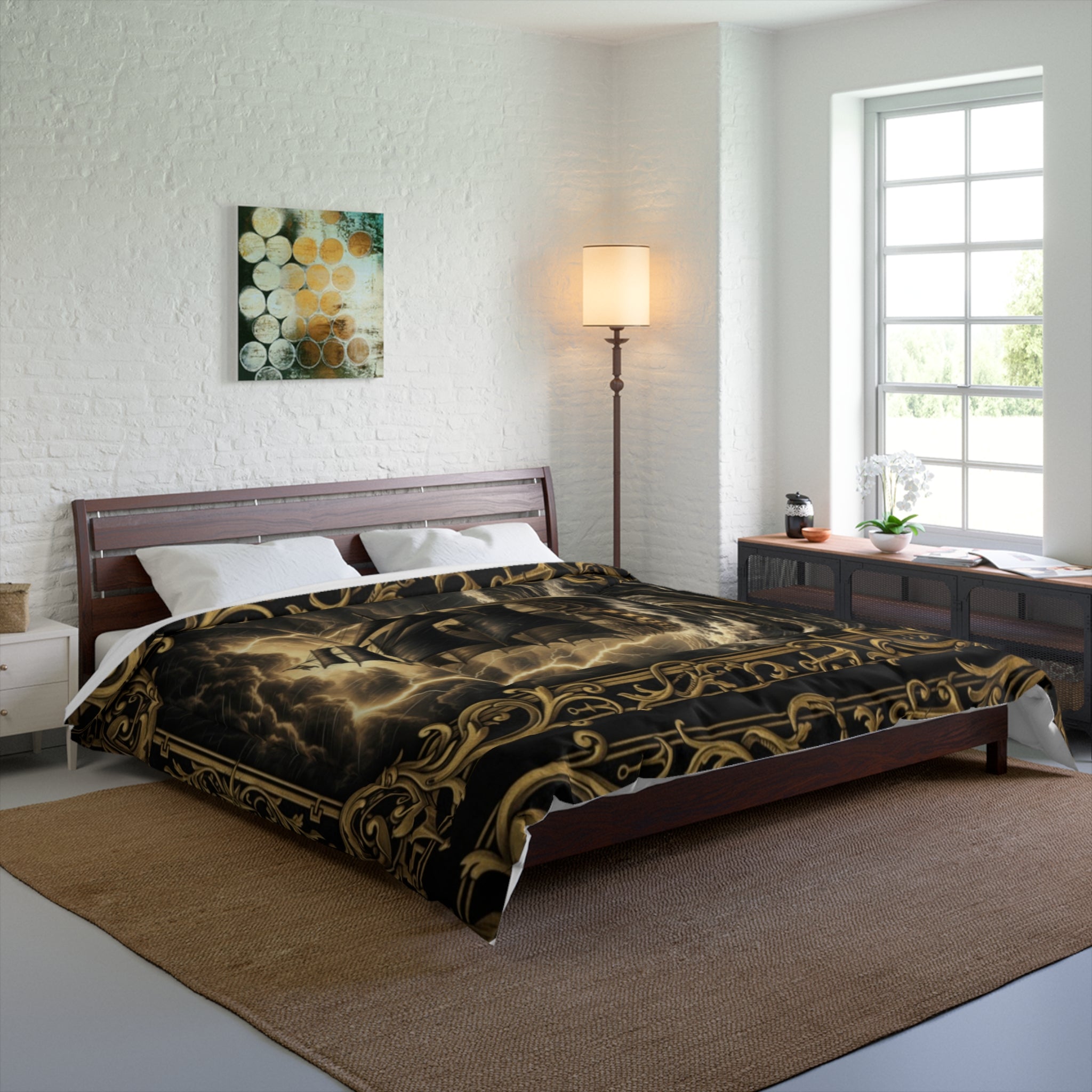 Nautical Storm Ship Comforter – Vintage Pirate Ship Bedding with Ornate Compass Frame
