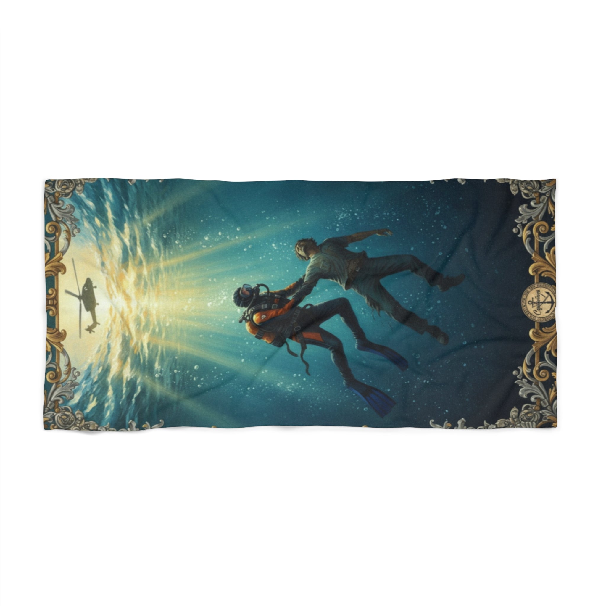 Beach Towel — Vintage Deep Sea Divers Scenic Towel (Underwater Exploration Design)