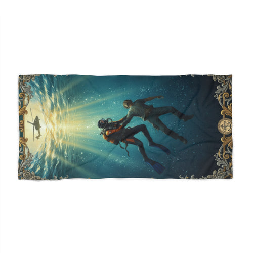 Beach Towel — Vintage Deep Sea Divers Scenic Towel (Underwater Exploration Design)