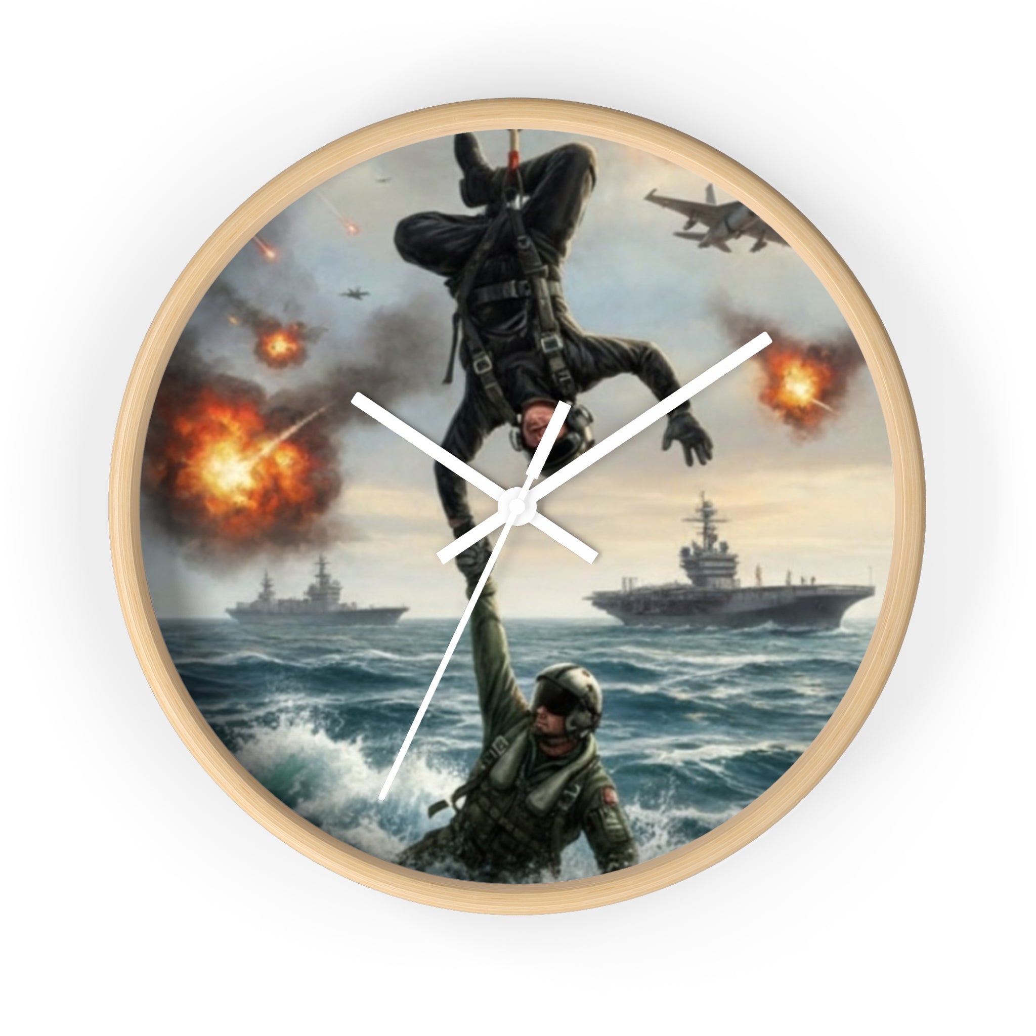 Military Rescue Wall Clock — Navy Helicopter & Sailor Action Scene