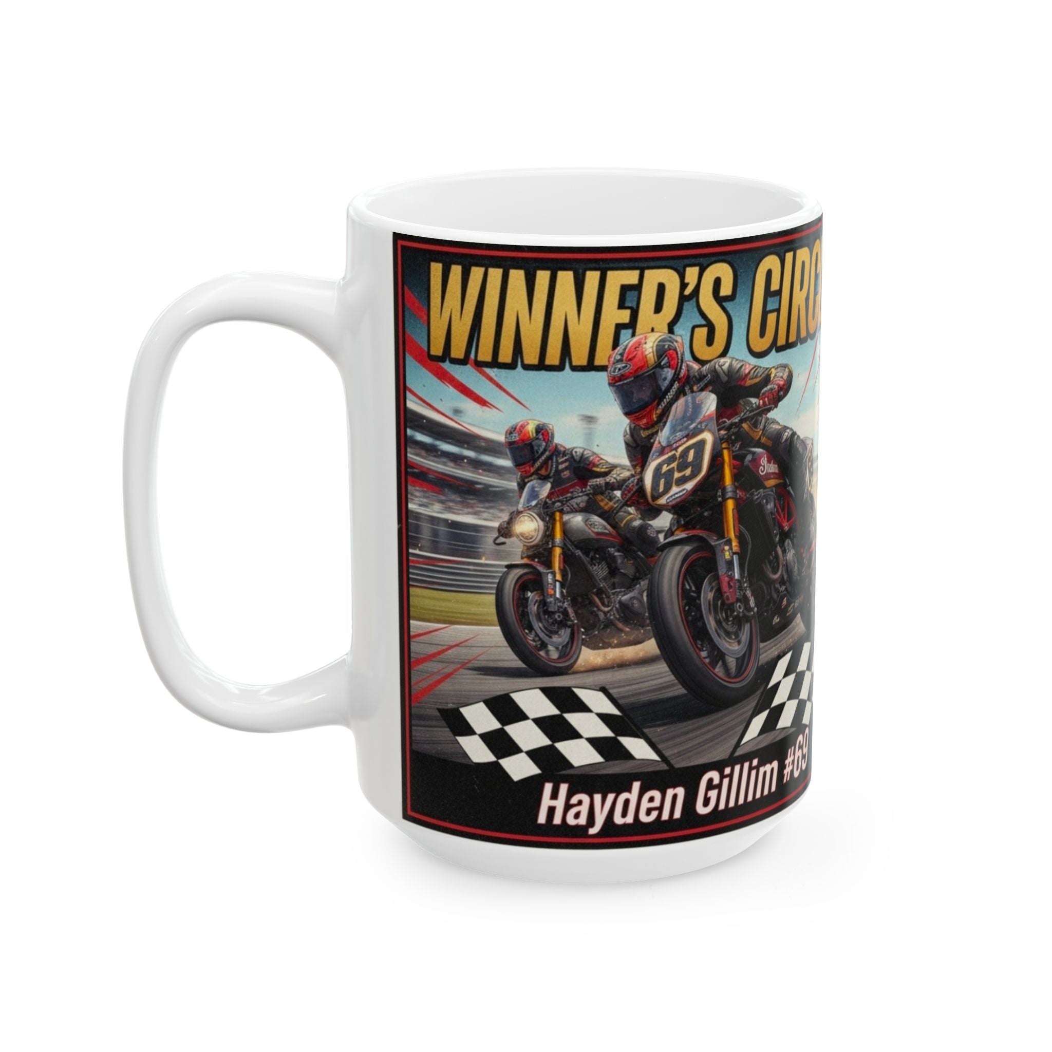 Racing Champion Ceramic Mug – 'Winners Circle' Motorcycle Design (11oz, 15oz)