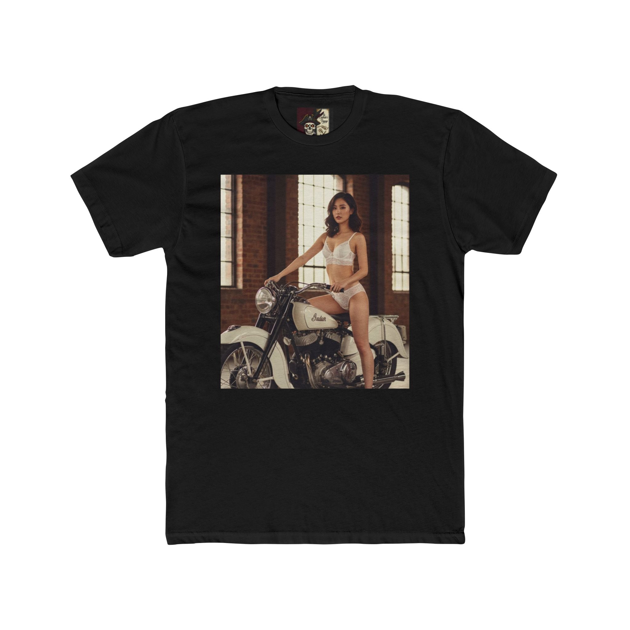 Vintage Motorcycle Pinup Tee — Retro Biker Photo Crewneck