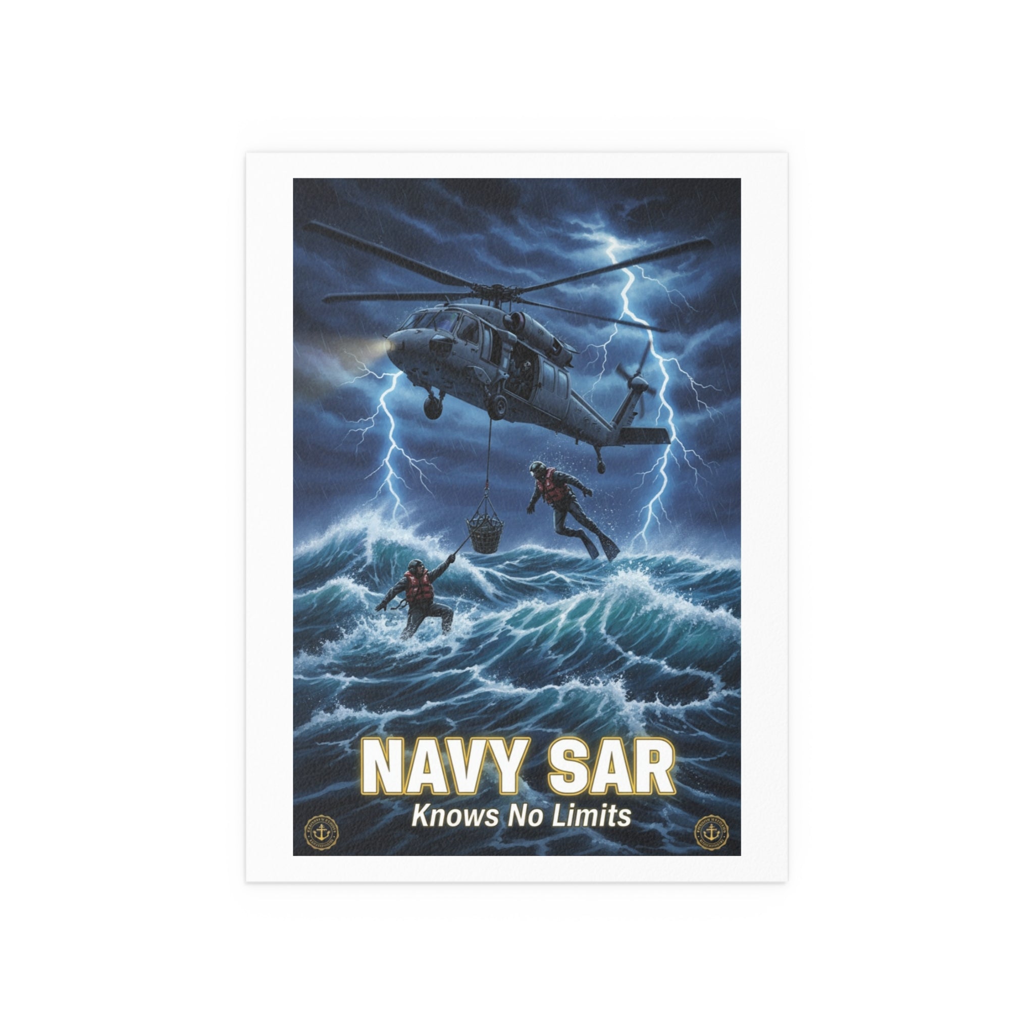 Navy SAR Silk Poster — "Knows No Limits" Rescue Helicopter Art (Indoor/Outdoor)