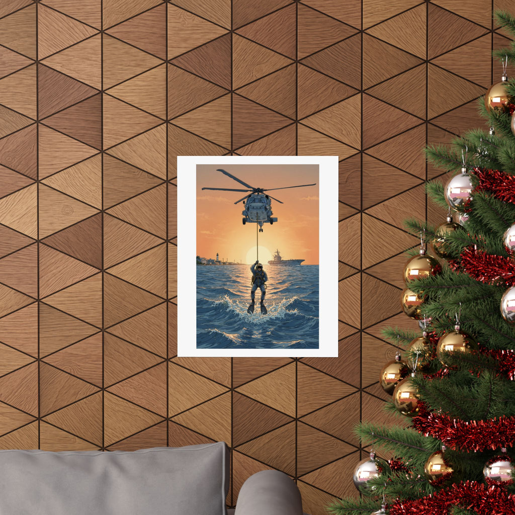 Matte Poster — Navy Rescue Helicopter at Sunset (Vertical)