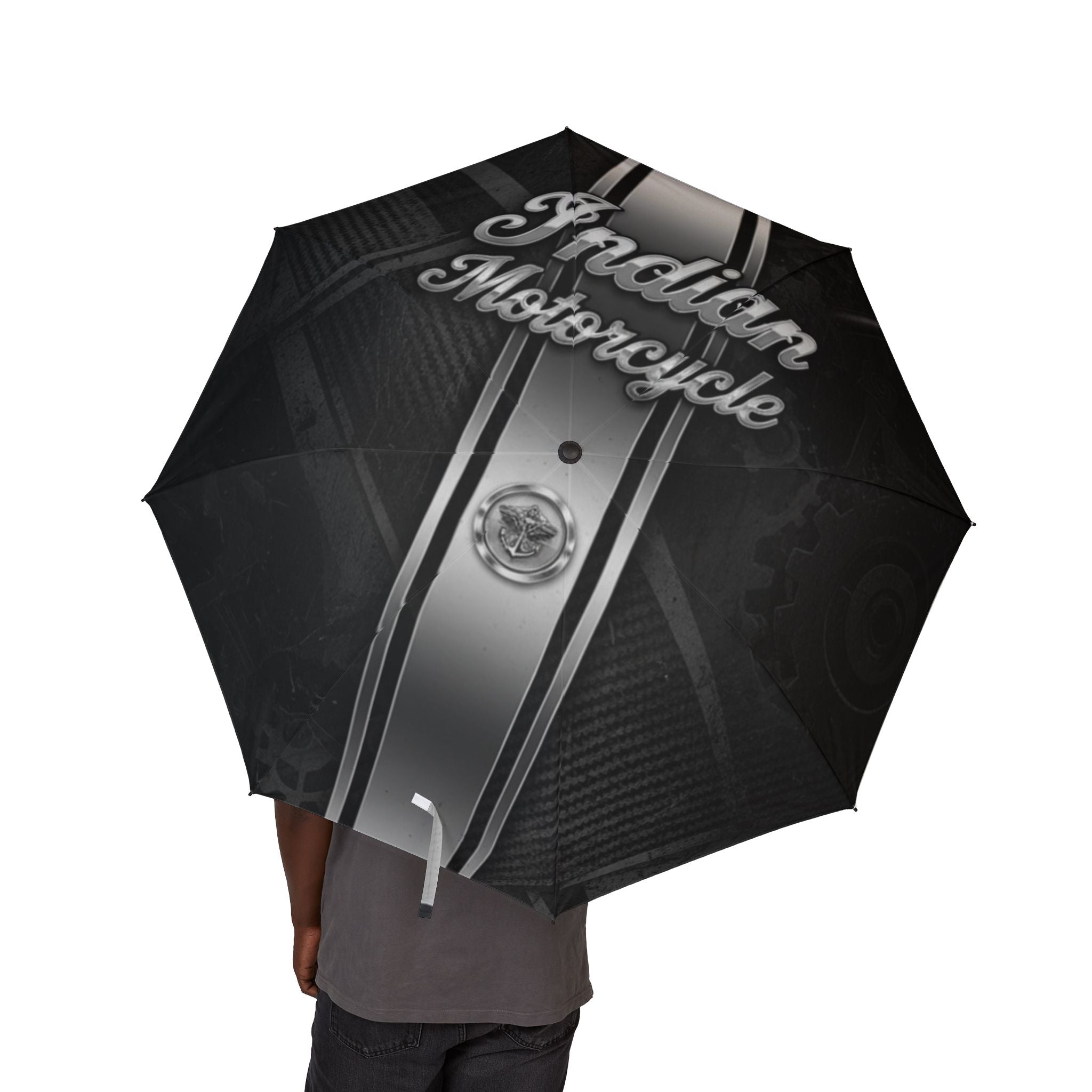 Foldable Umbrella — Classic Black Racing Stripe with Script Accent