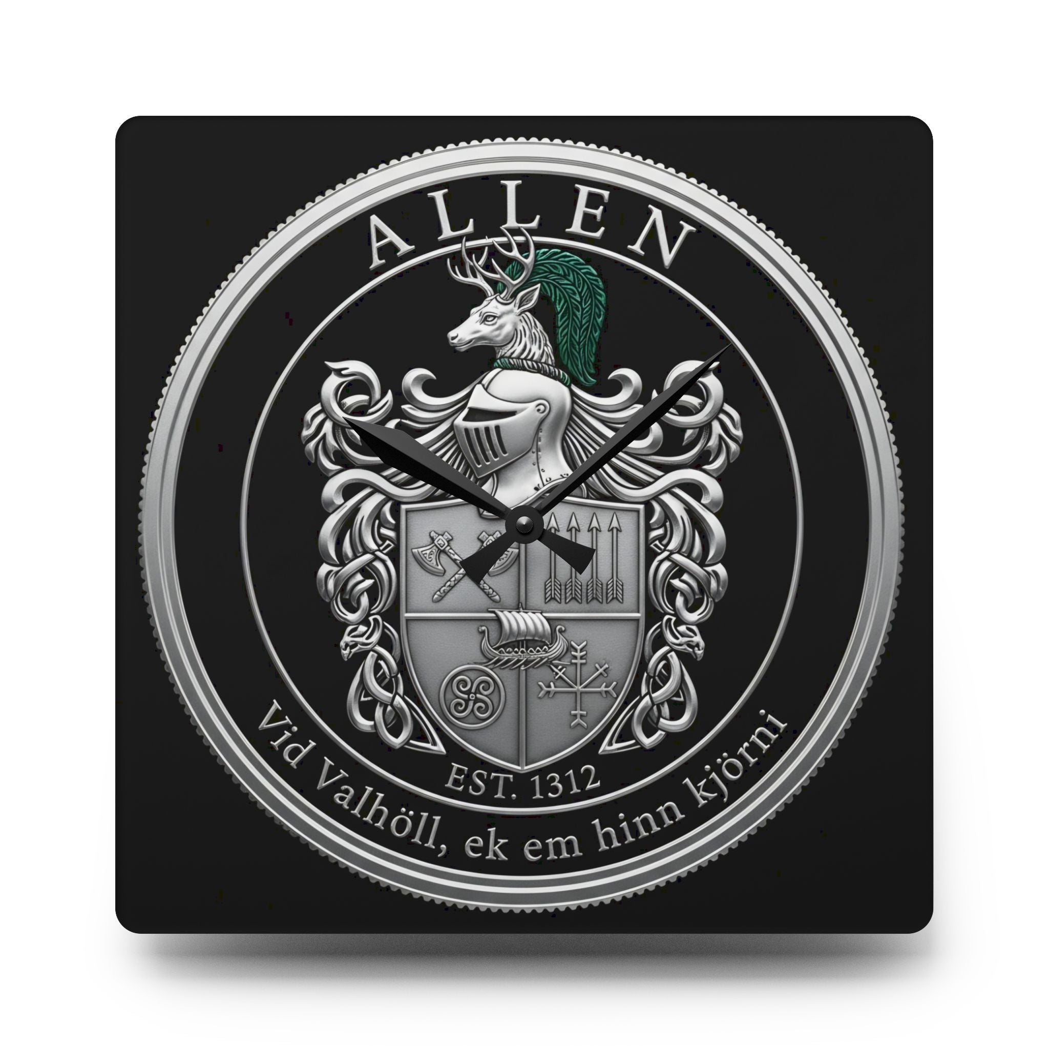Allen Family Crest Acrylic Wall Clock — Personalized Celtic Coat of Arms Decor