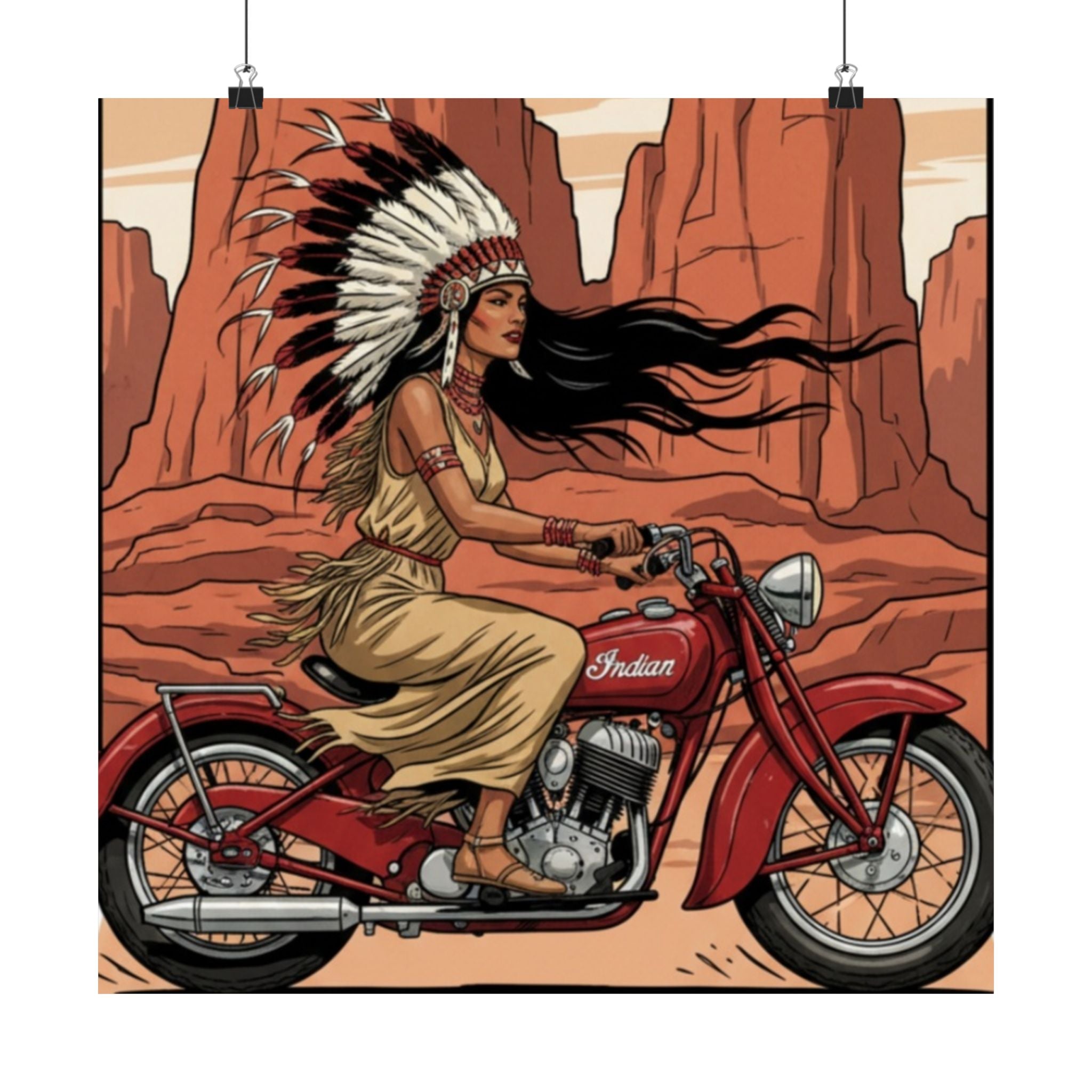 Motorcycle Vintage Poster — Native Woman on Red Indian Bike Matte Vertical Art Print
