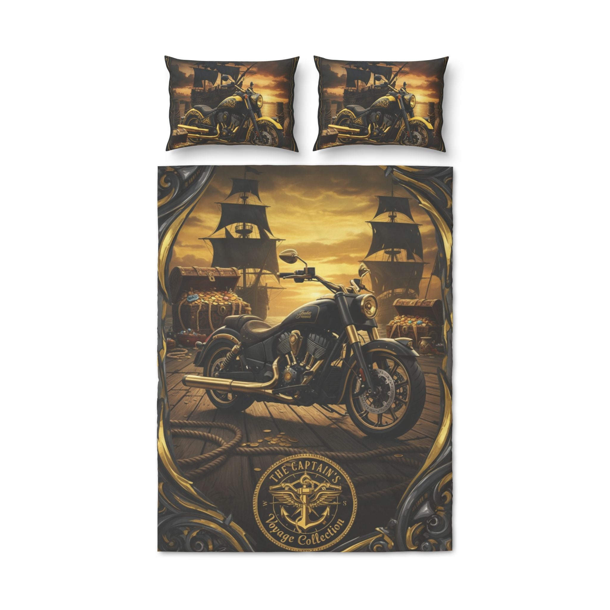 Motorcycle & Pirate Ship Quilt Cover Set — "The Captain" 3-Piece Bedding