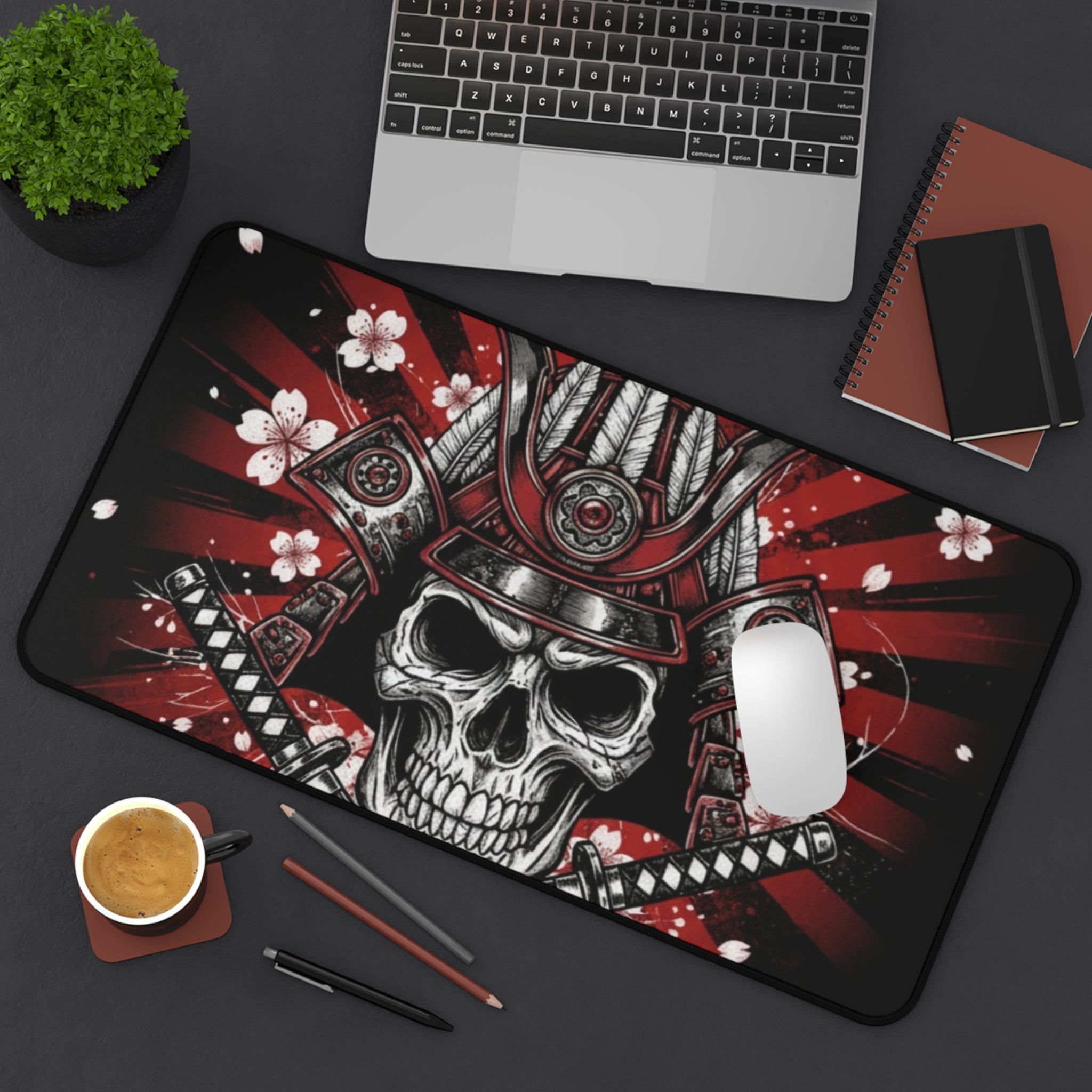 Samurai Skull Desk Mat — Red Cherry Blossom Gaming Mousepad
