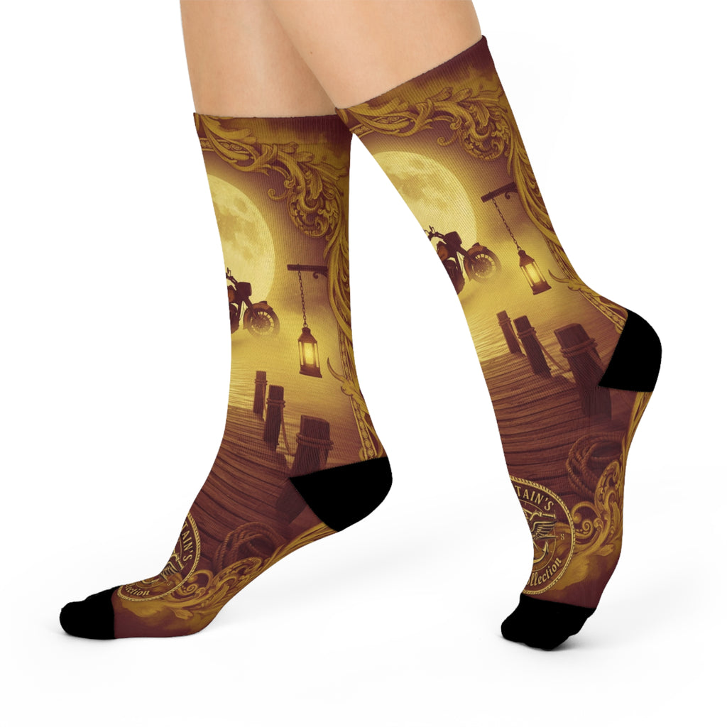 Moonlit Pier Crew Socks — Vintage Motorcycle Night Ride Design