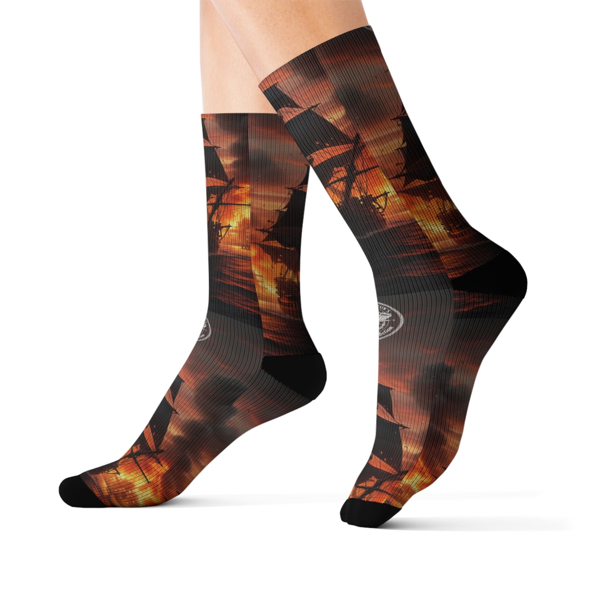 Pirate Ship Sunset Socks — Nautical Sailing Crew Socks with Dramatic Sunset Ship Silhouette