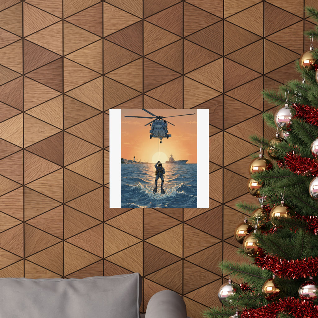 Matte Poster — Navy Rescue Helicopter at Sunset (Vertical)