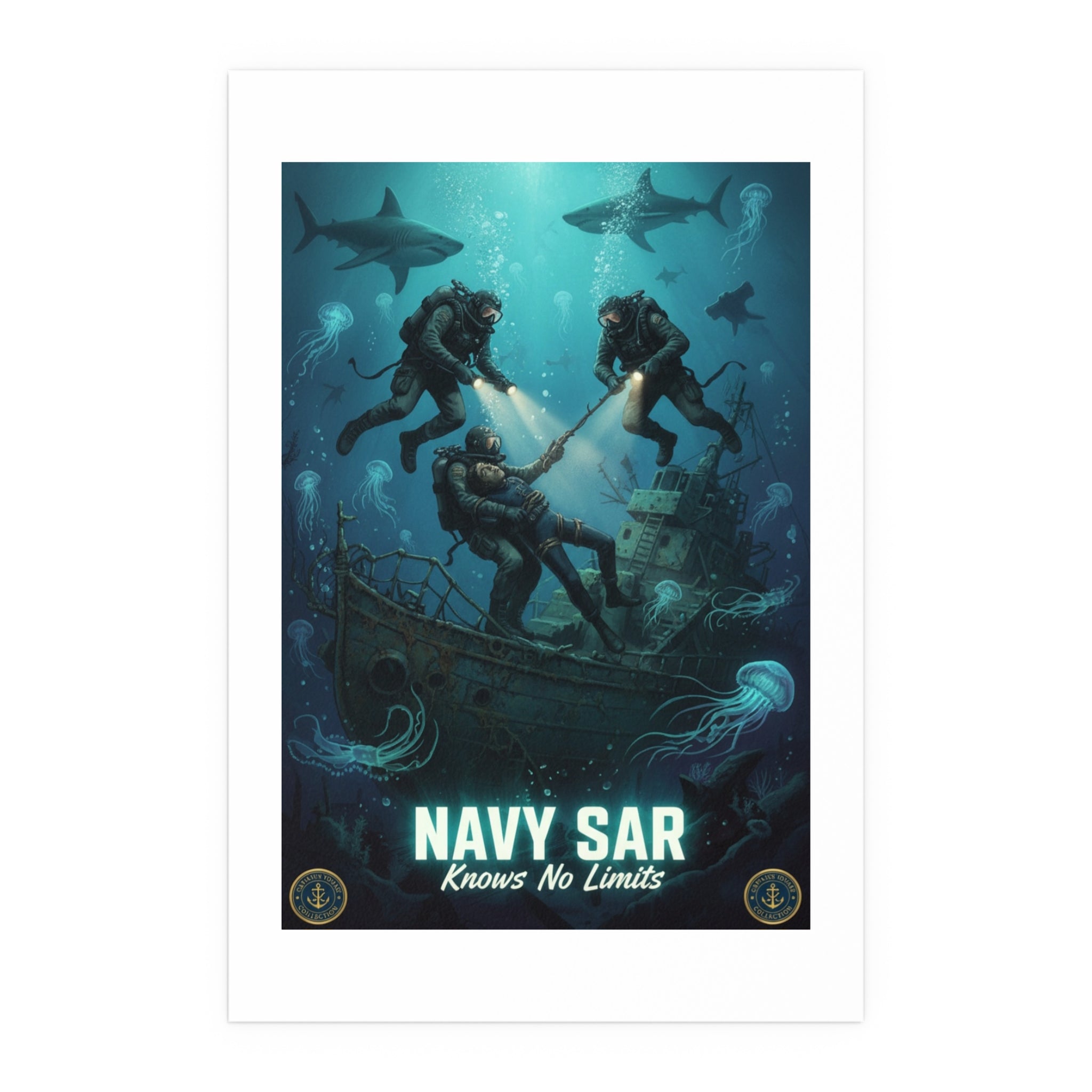 Navy SAR Silk Poster — 'Knows No Limits' Underwater Diver Rescue Art
