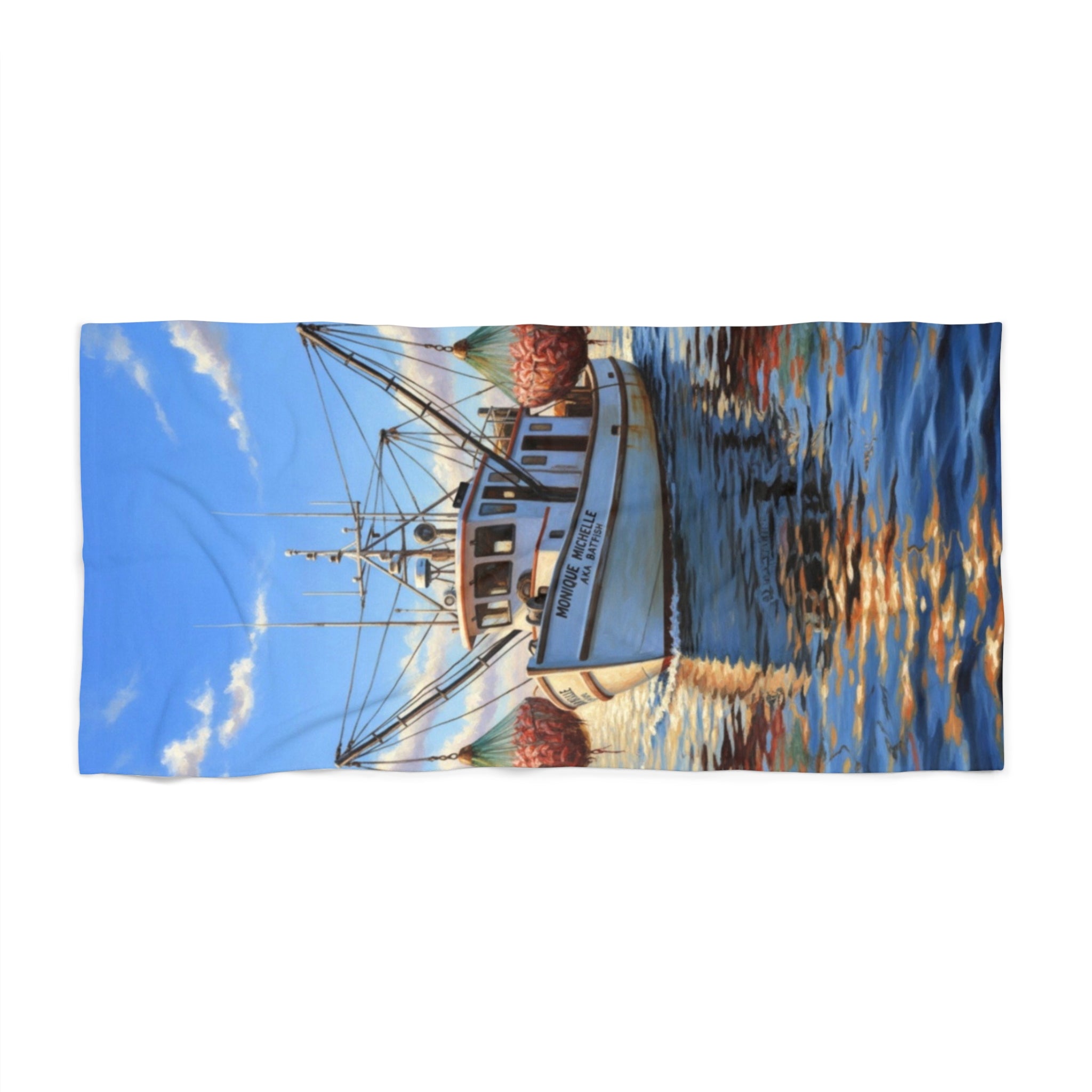 Boat Scene Beach Towel — Nautical Fishing Boat Sunset Design