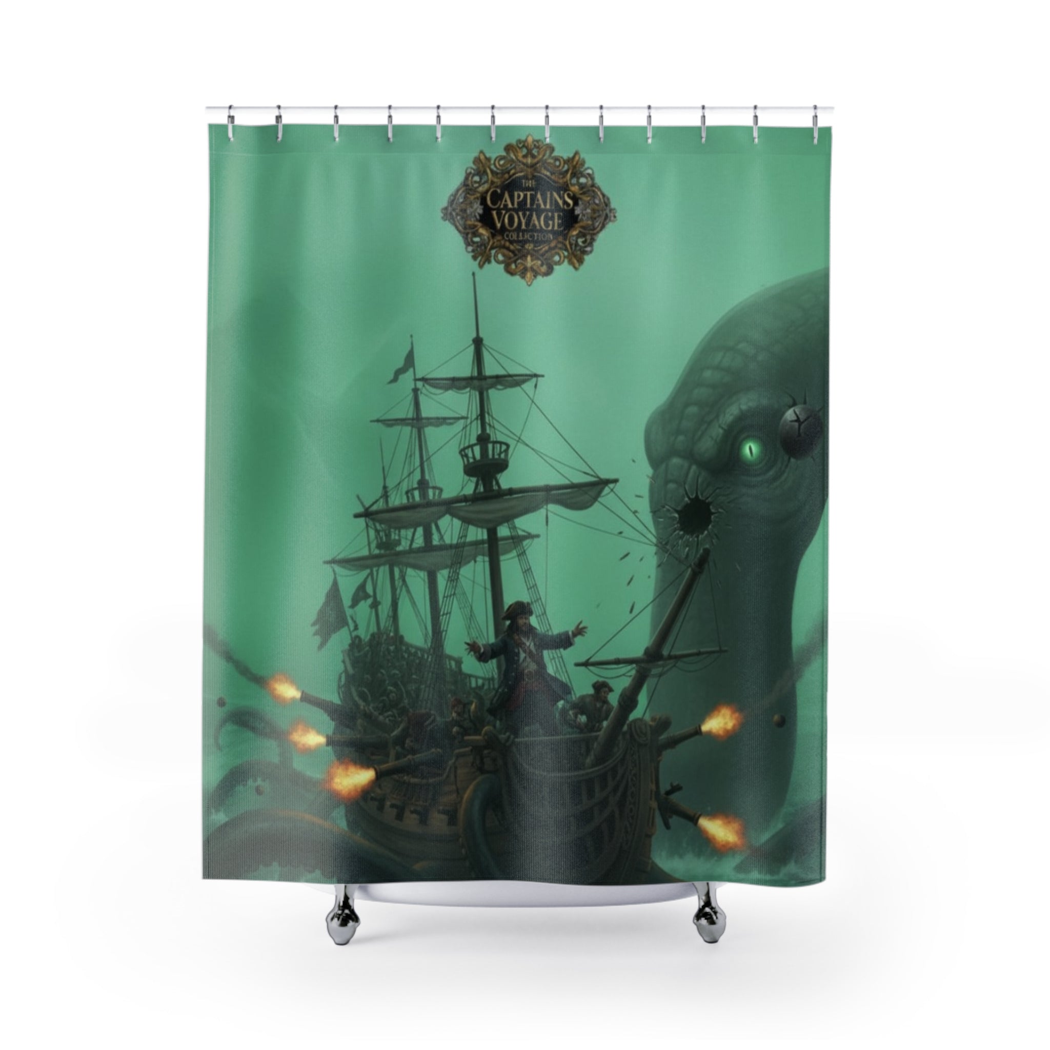 Shower Curtain — Nautical Kraken Shipwreck Bathroom Curtain (Green Sea Monster Design)
