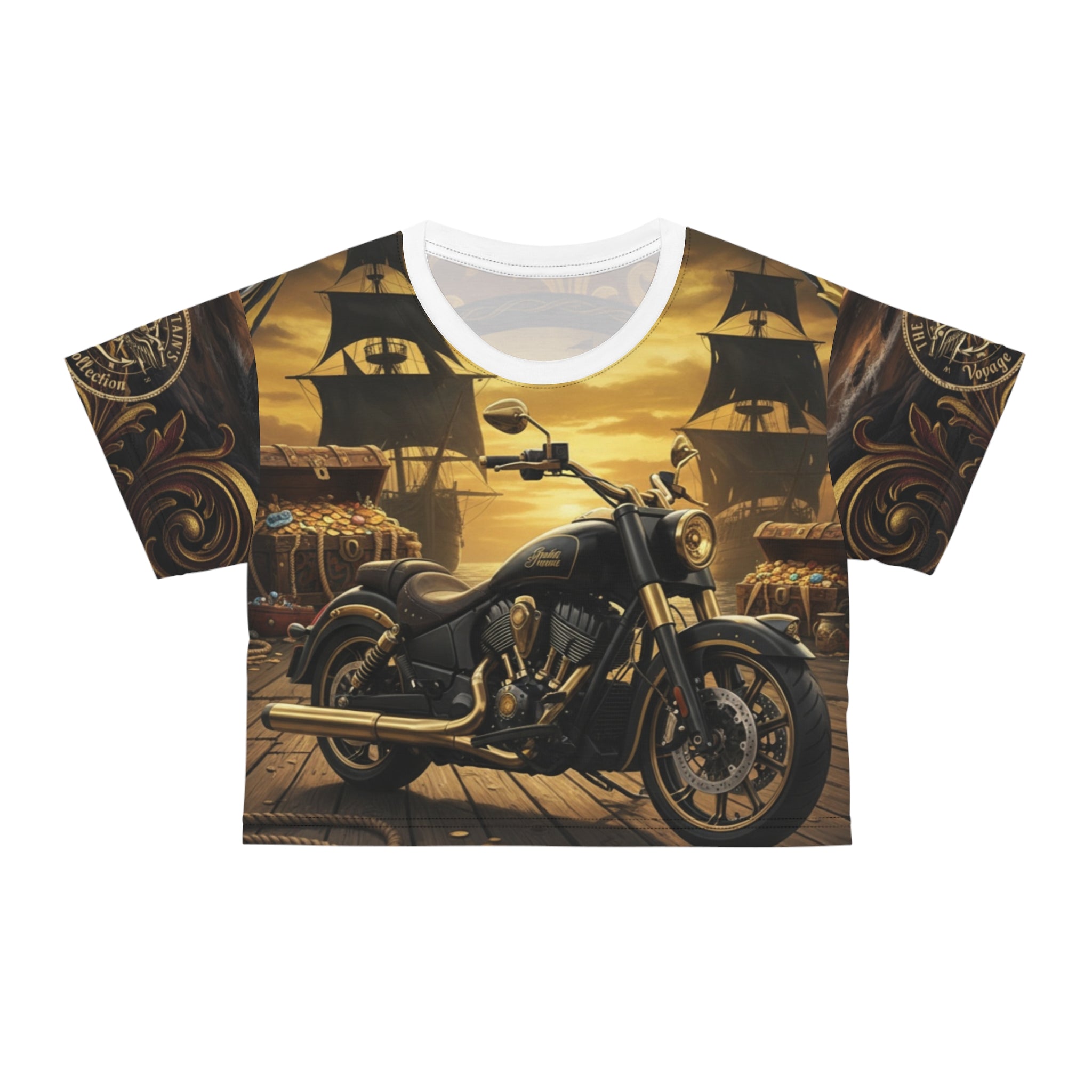 Motorcycle Pirate Ship Crop Tee — Vintage Biker Nautical Graphic Top