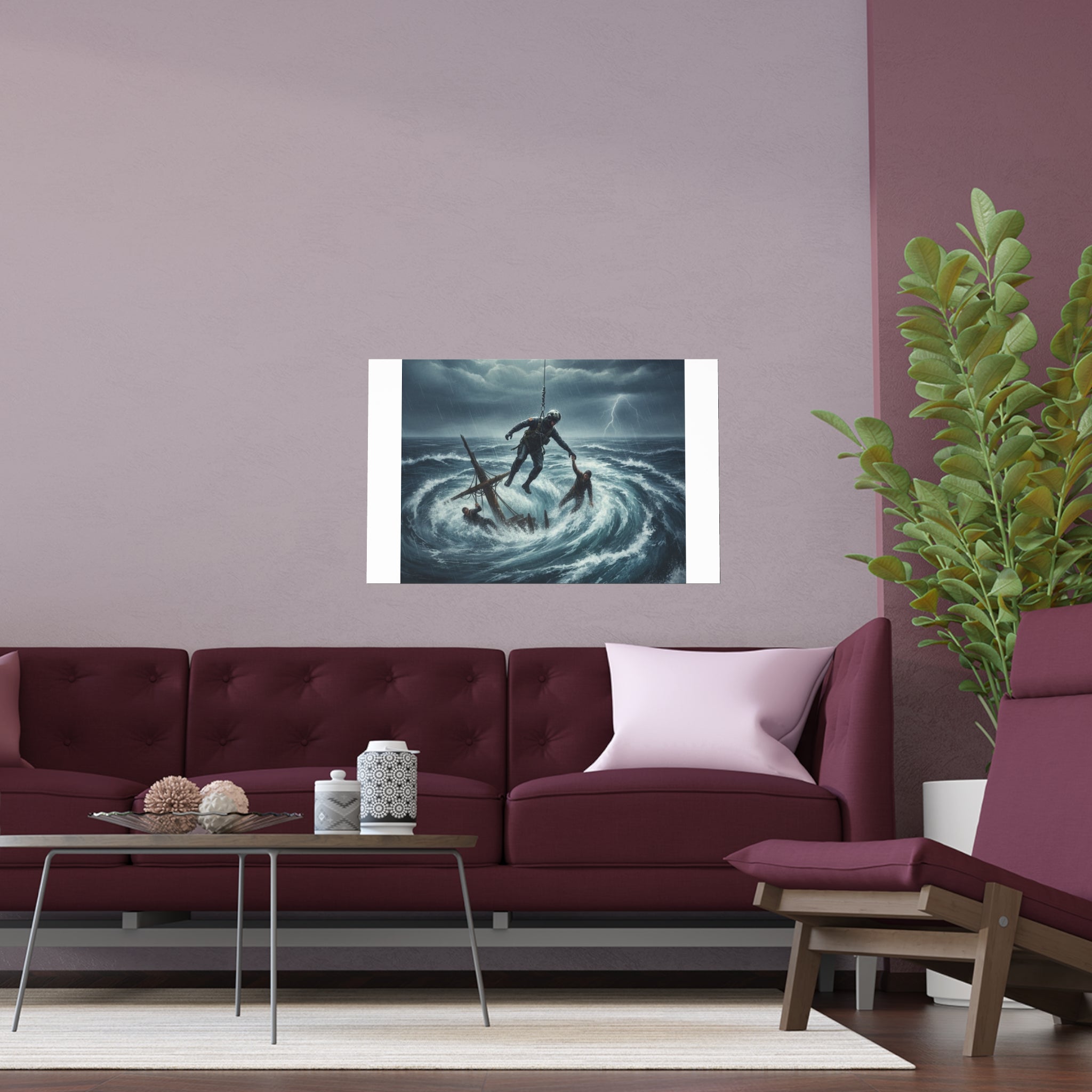 Stormy Sea Silk Poster — Dramatic Sailor Rescue Wall Art (Indoor/Outdoor)