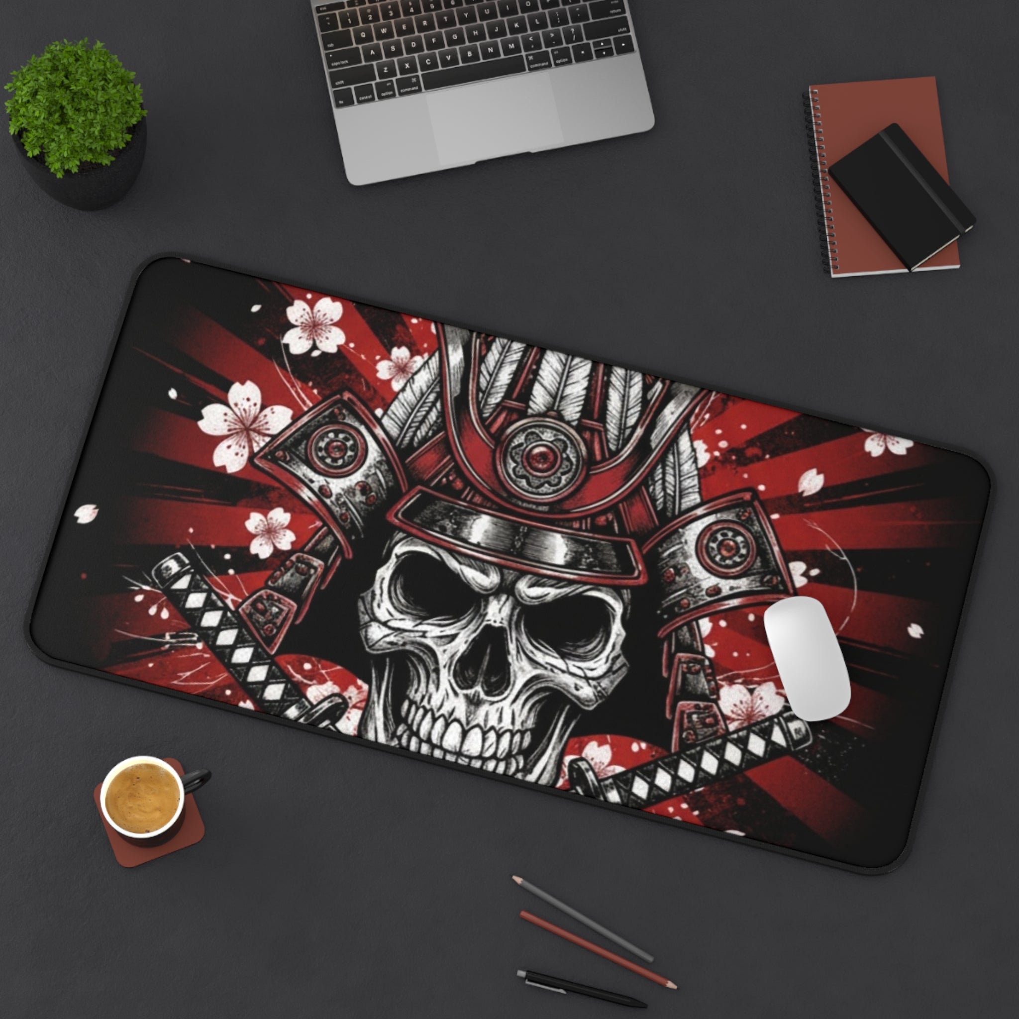 Samurai Skull Desk Mat — Red Cherry Blossom Gaming Mousepad