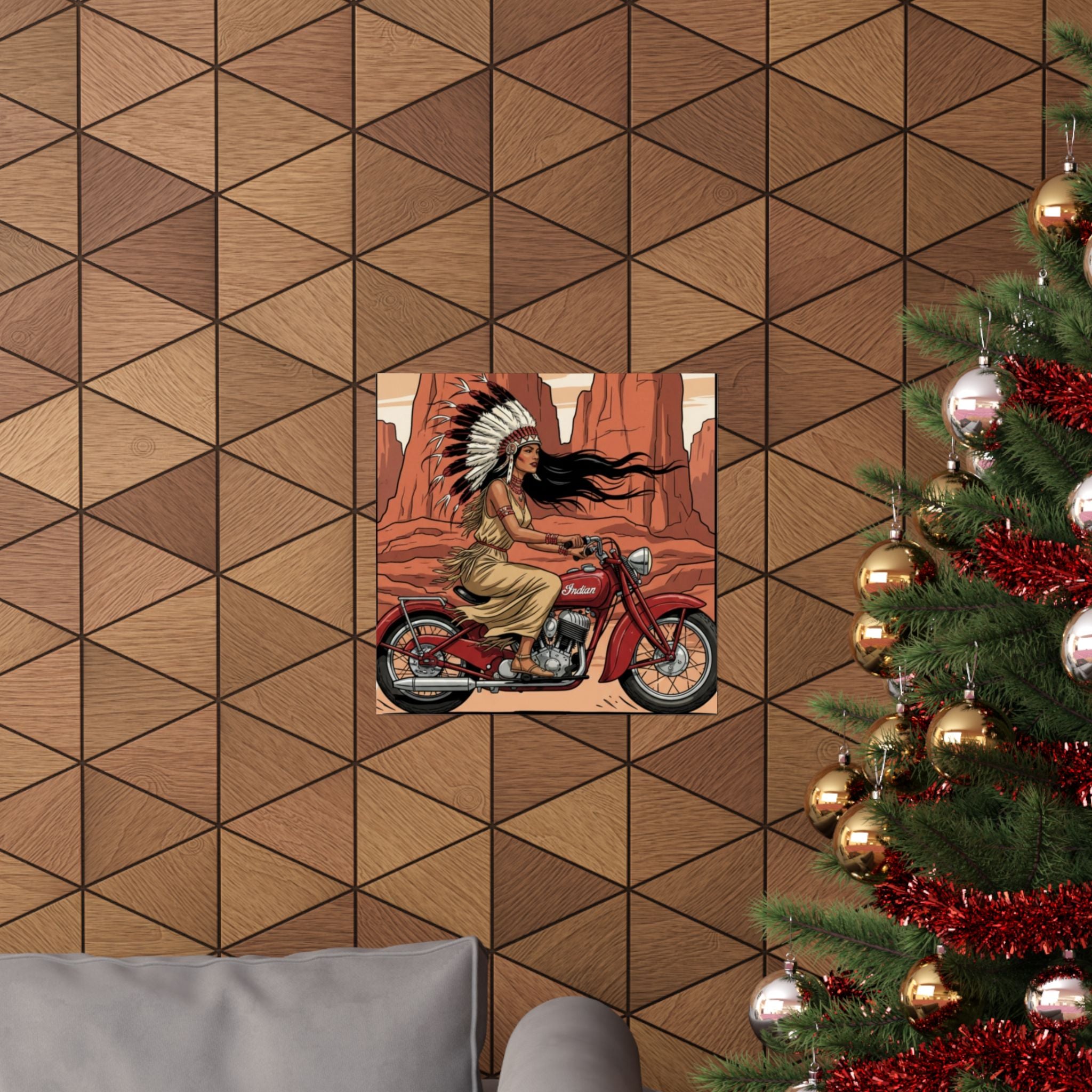 Motorcycle Vintage Poster — Native Woman on Red Indian Bike Matte Vertical Art Print
