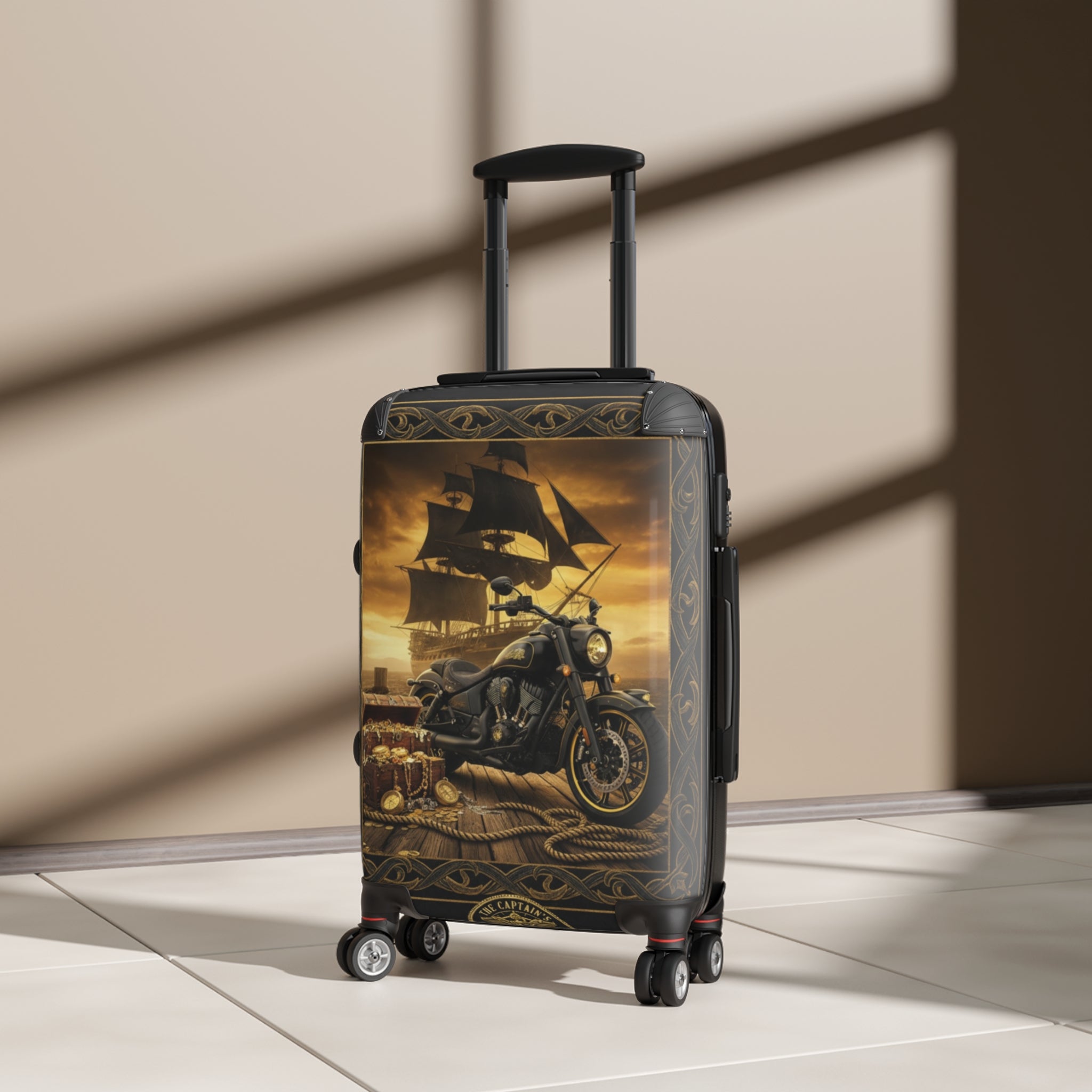 Vintage Pirate Ship & Motorcycle Suitcase – Travel Carry-On with Nautical Adventure Design