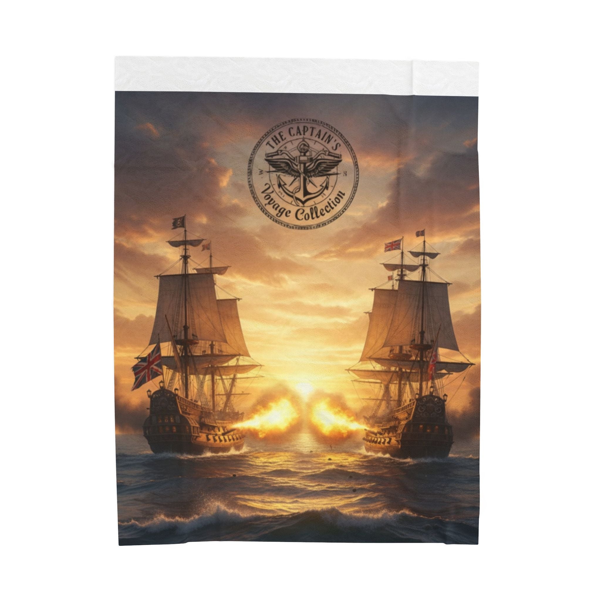 Nautical Battleship Velveteen Plush Blanket – Vintage Pirate Ship Sunset Throw