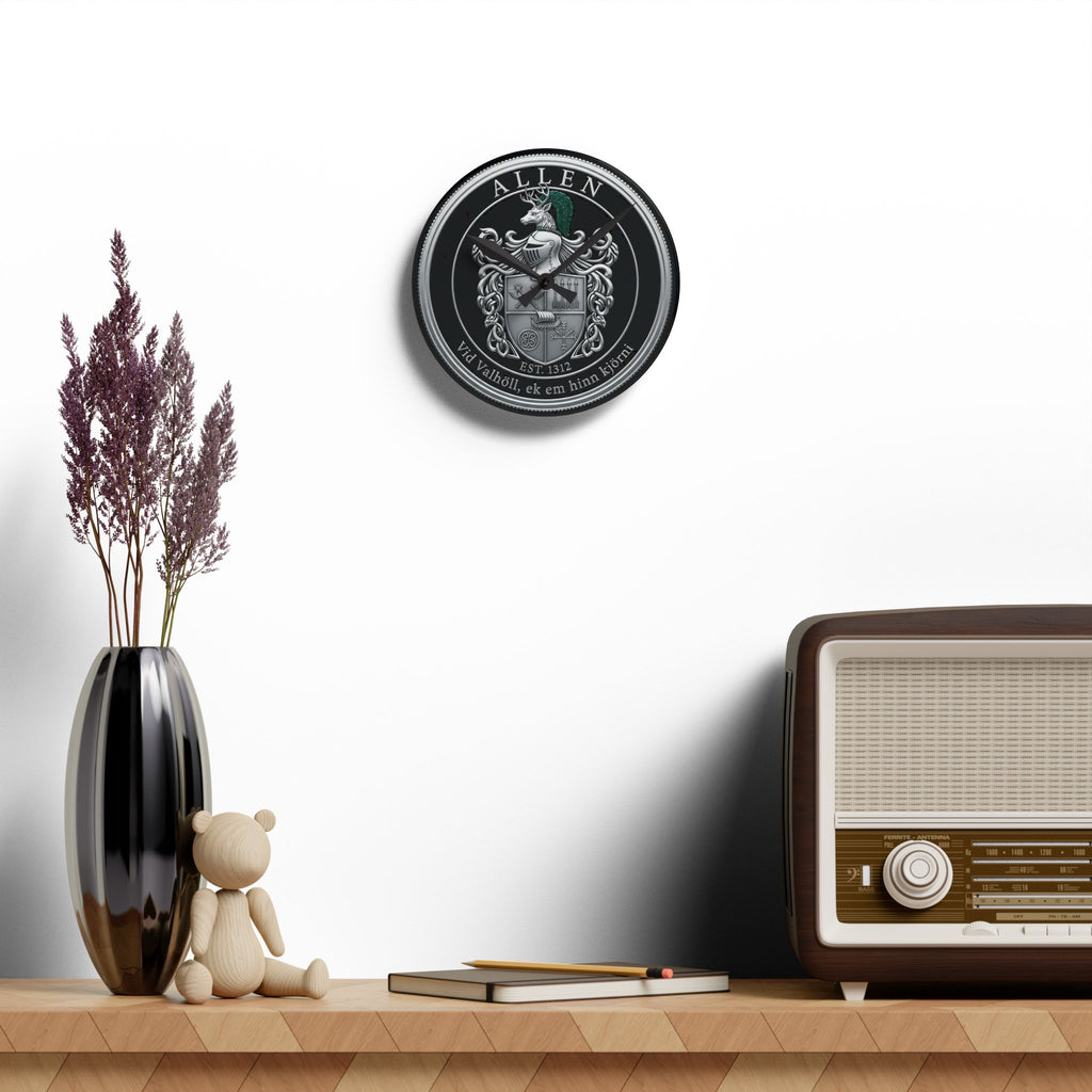 Allen Family Crest Acrylic Wall Clock — Personalized Celtic Coat of Arms Decor