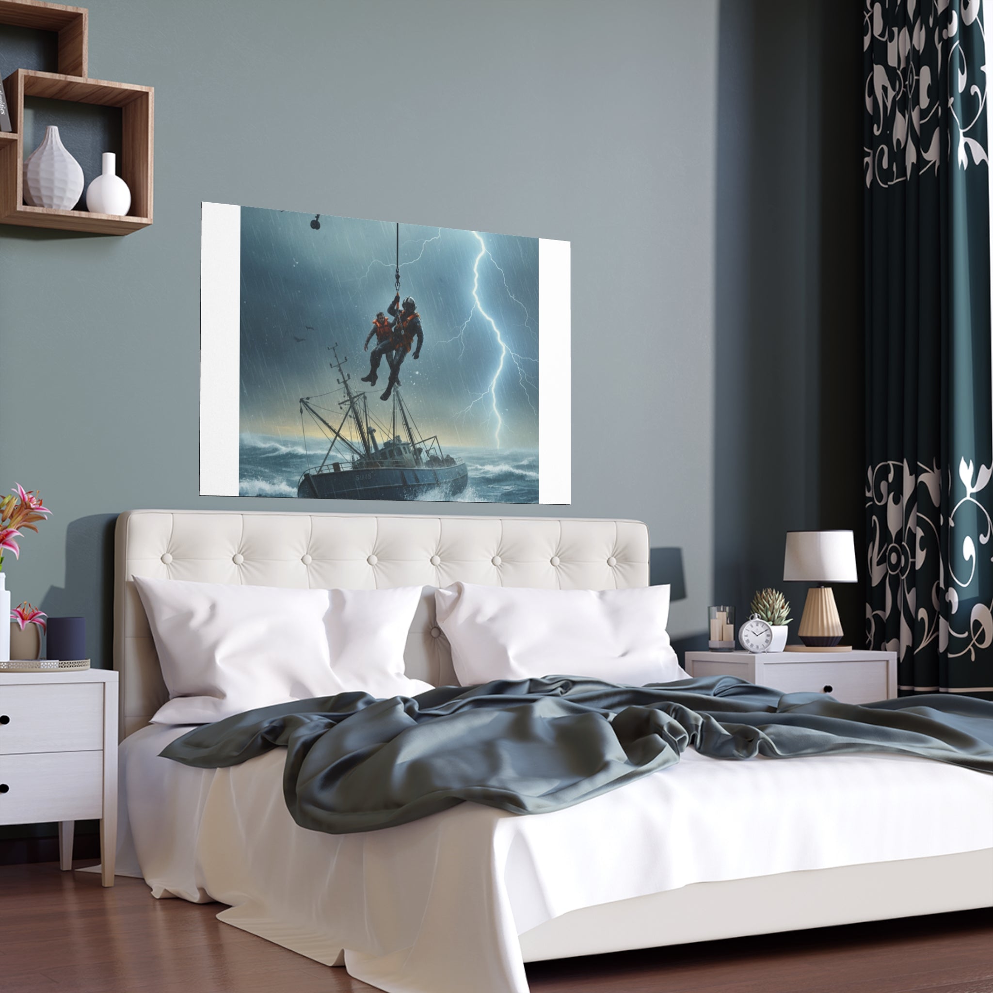 Rescue at Sea Silk Poster — Storm Helicopter Lifesaver Wall Art (Indoor/Outdoor)