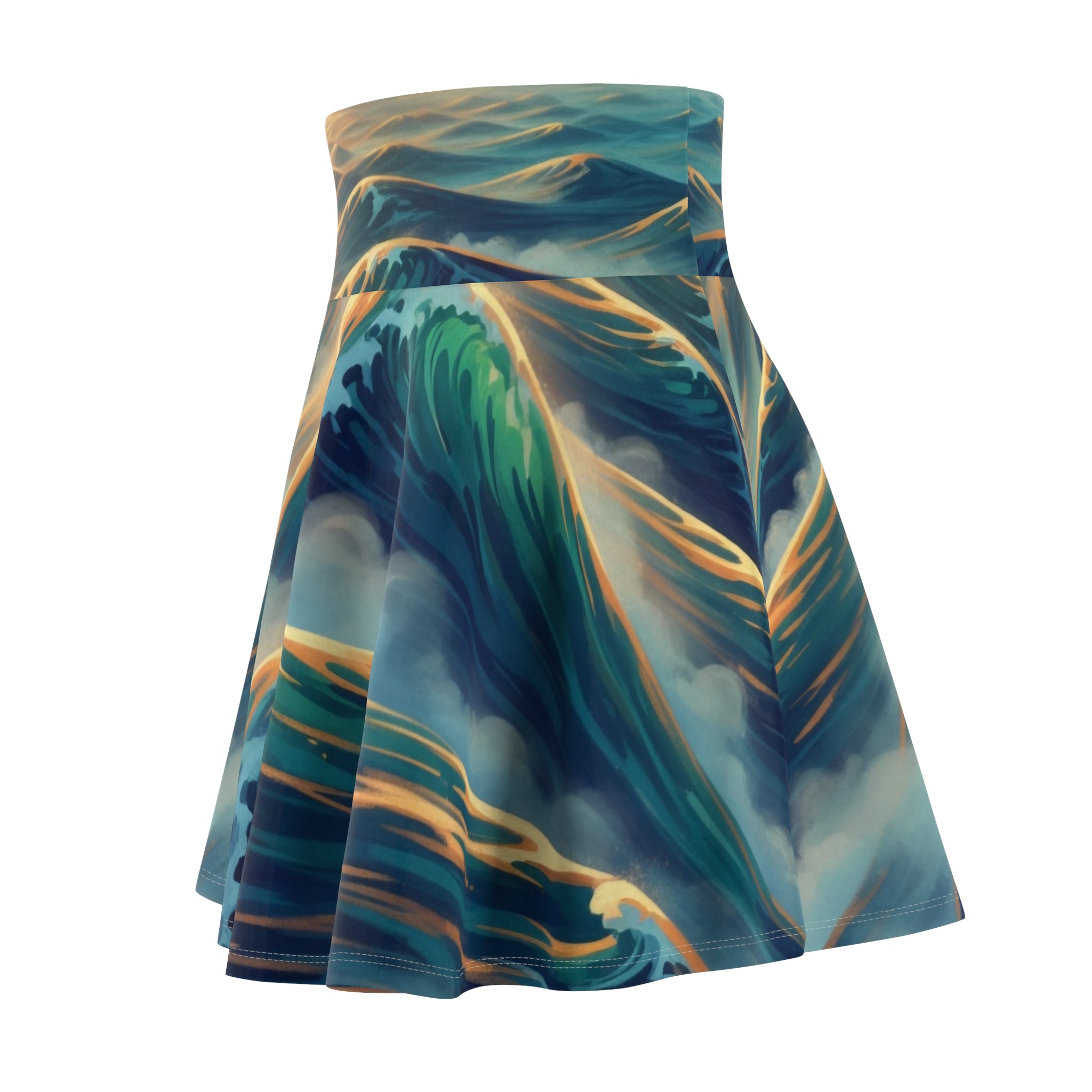 Ocean Wave Skater Skirt — Artistic Teal & Gold All-Over Print