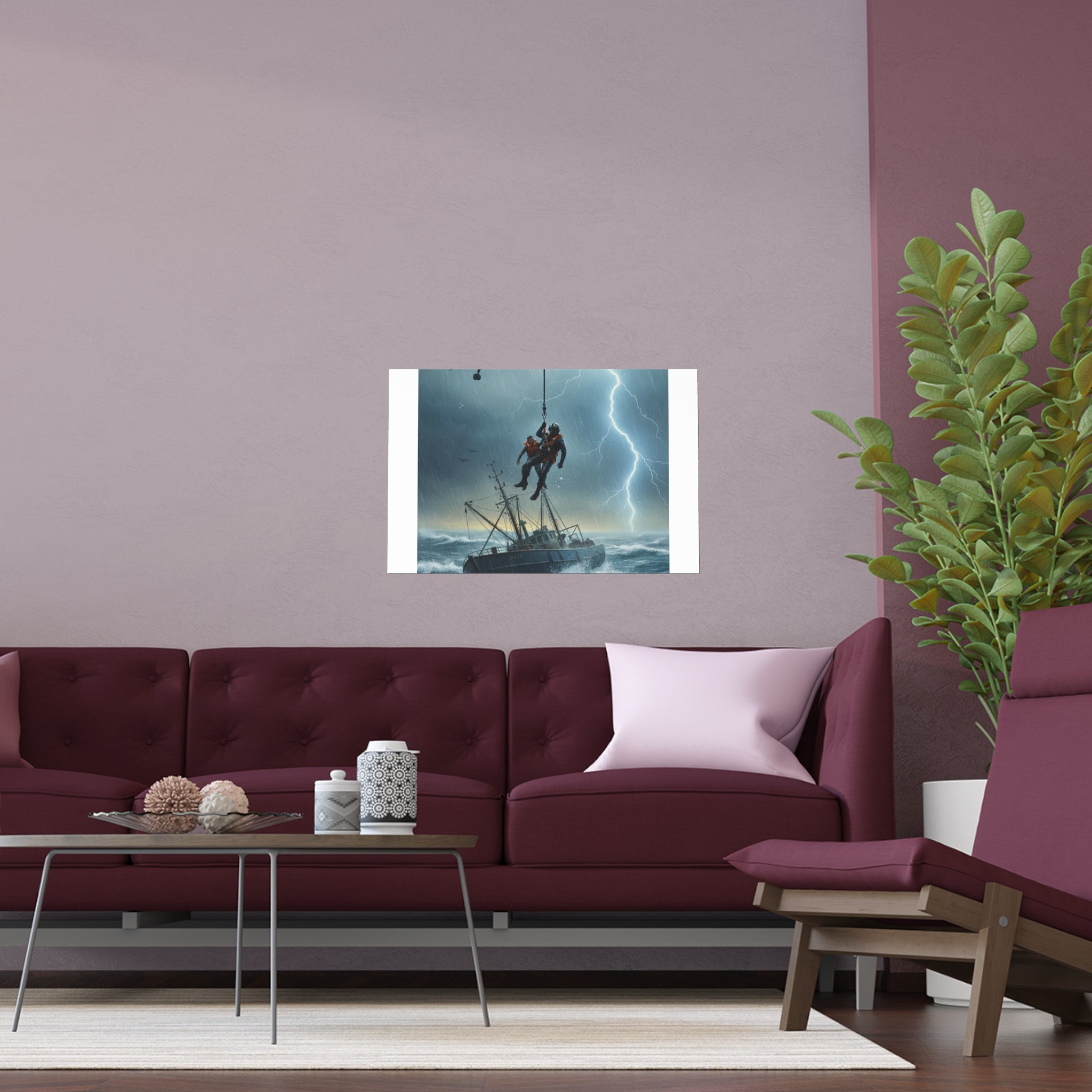 Rescue at Sea Silk Poster — Storm Helicopter Lifesaver Wall Art (Indoor/Outdoor)
