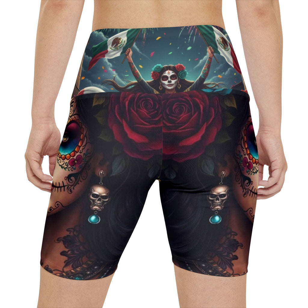 Day of the Dead Women’s Workout Shorts — Sugar Skull Mexican Flag AOP