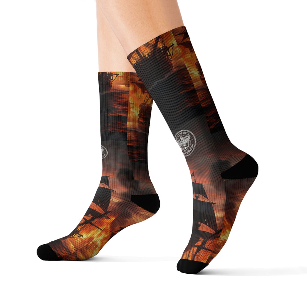 Pirate Ship Sunset Socks — Nautical Sailing Crew Socks with Dramatic Sunset Ship Silhouette