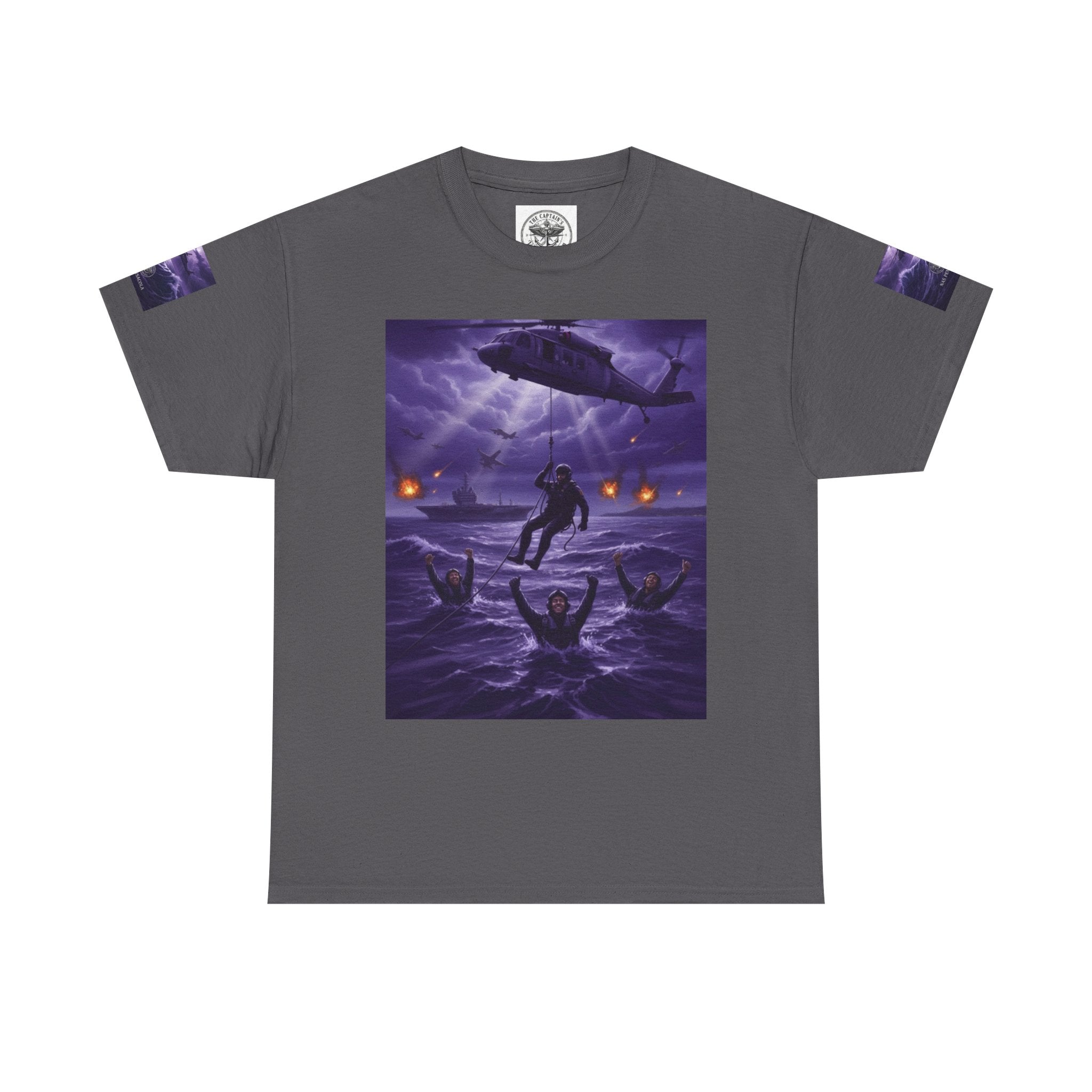 Rescue Night Tee — Purple Helicopter Sea Rescue Graphic T-Shirt