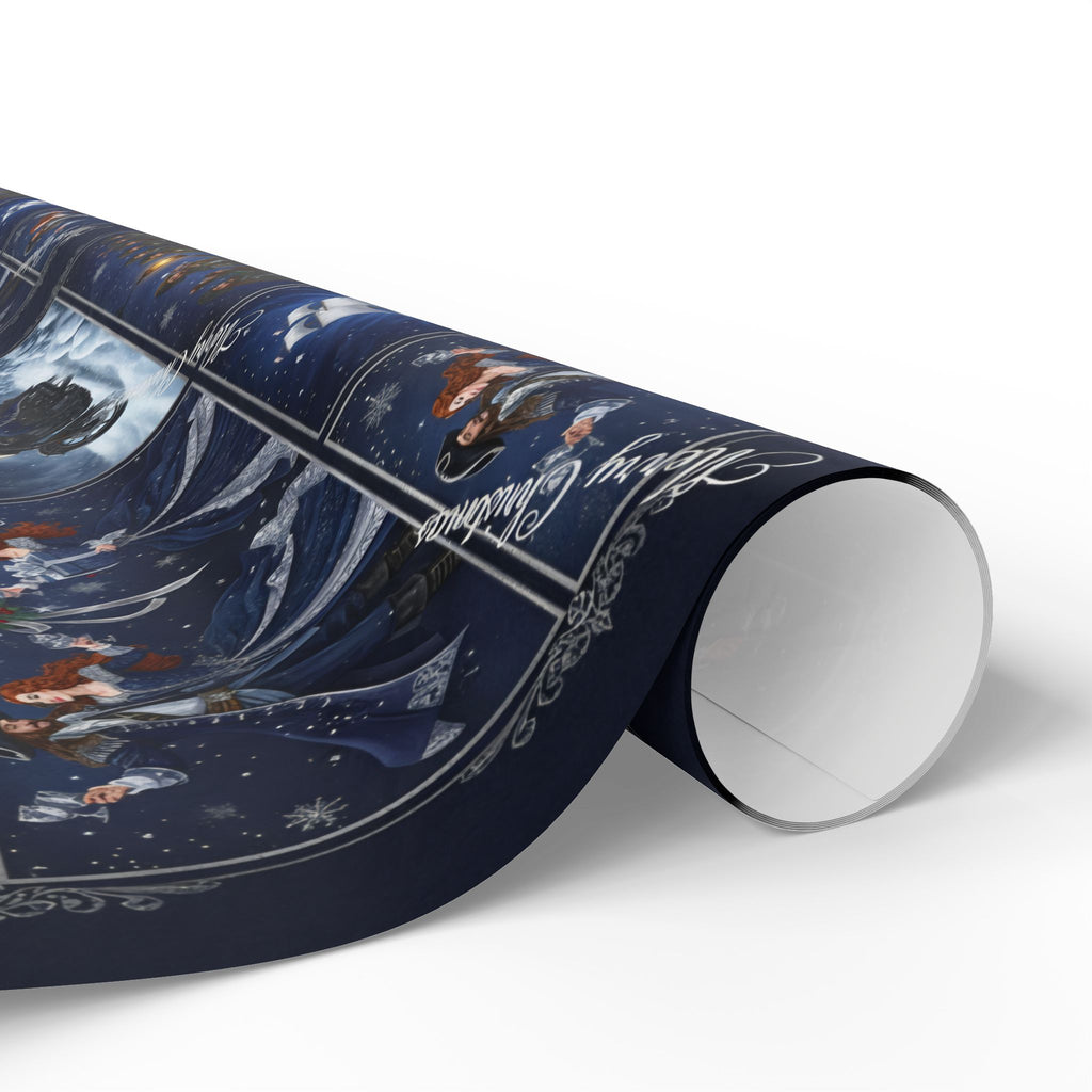 Wrapping Paper - Festive Navy Holiday Scene Gift Wrap (Snow, Sleigh, Night Sky)