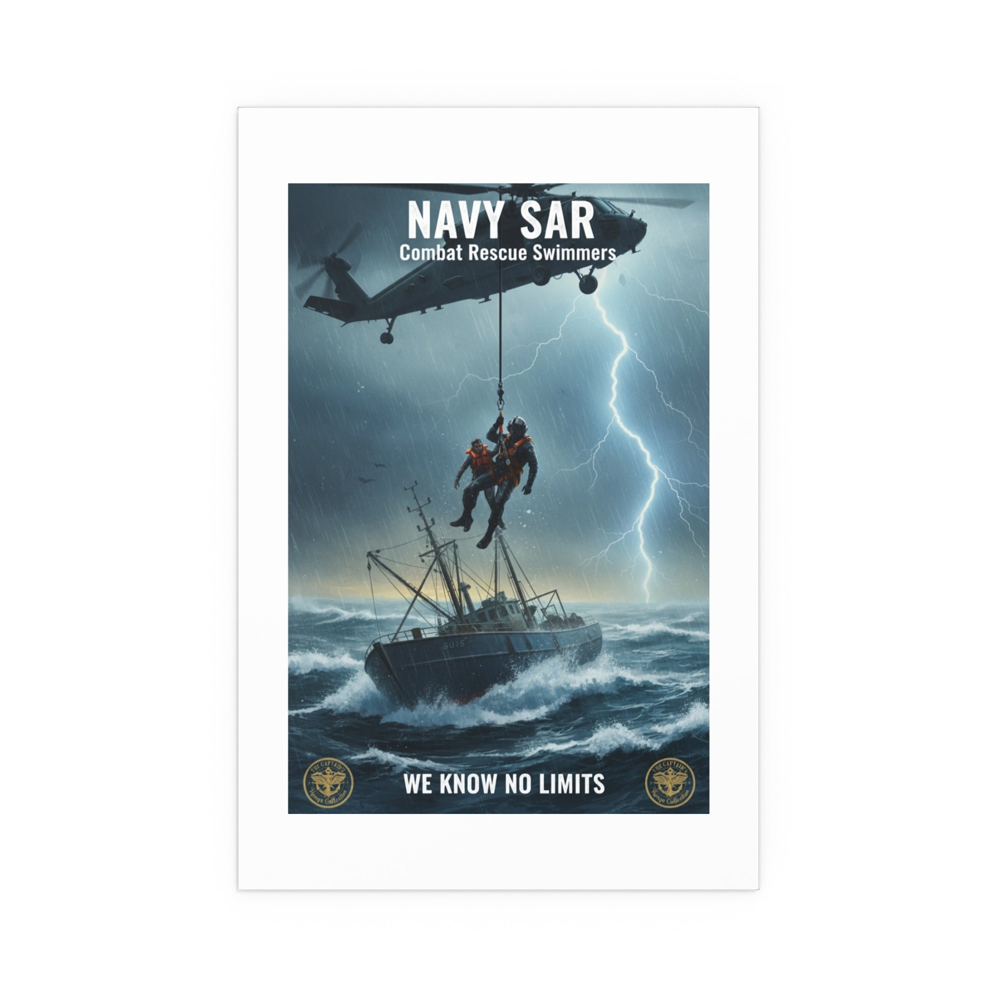 Rescue at Sea Silk Poster — Storm Helicopter Lifesaver Wall Art (Indoor/Outdoor)