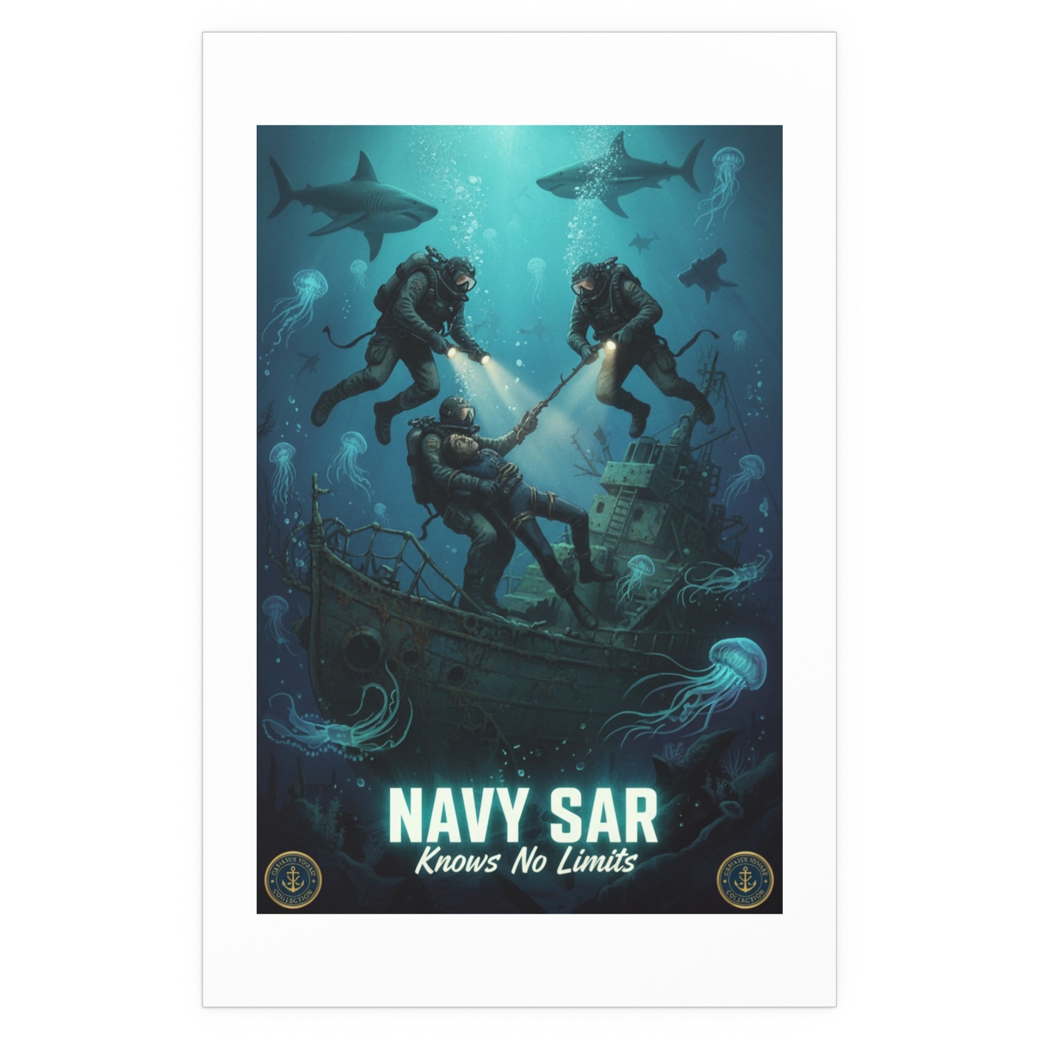 Navy SAR Silk Poster — 'Knows No Limits' Underwater Diver Rescue Art