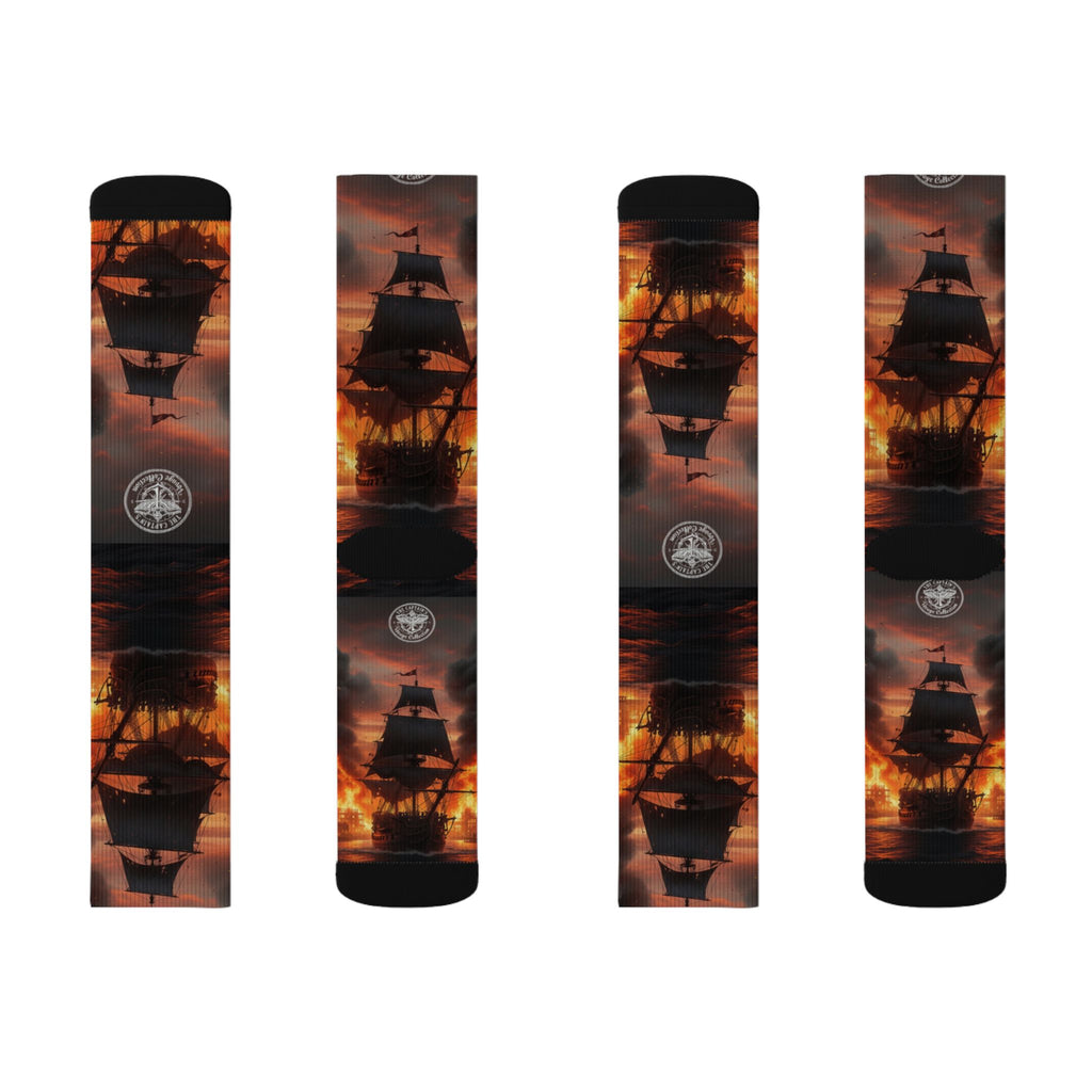 Pirate Ship Sunset Socks — Nautical Sailing Crew Socks with Dramatic Sunset Ship Silhouette