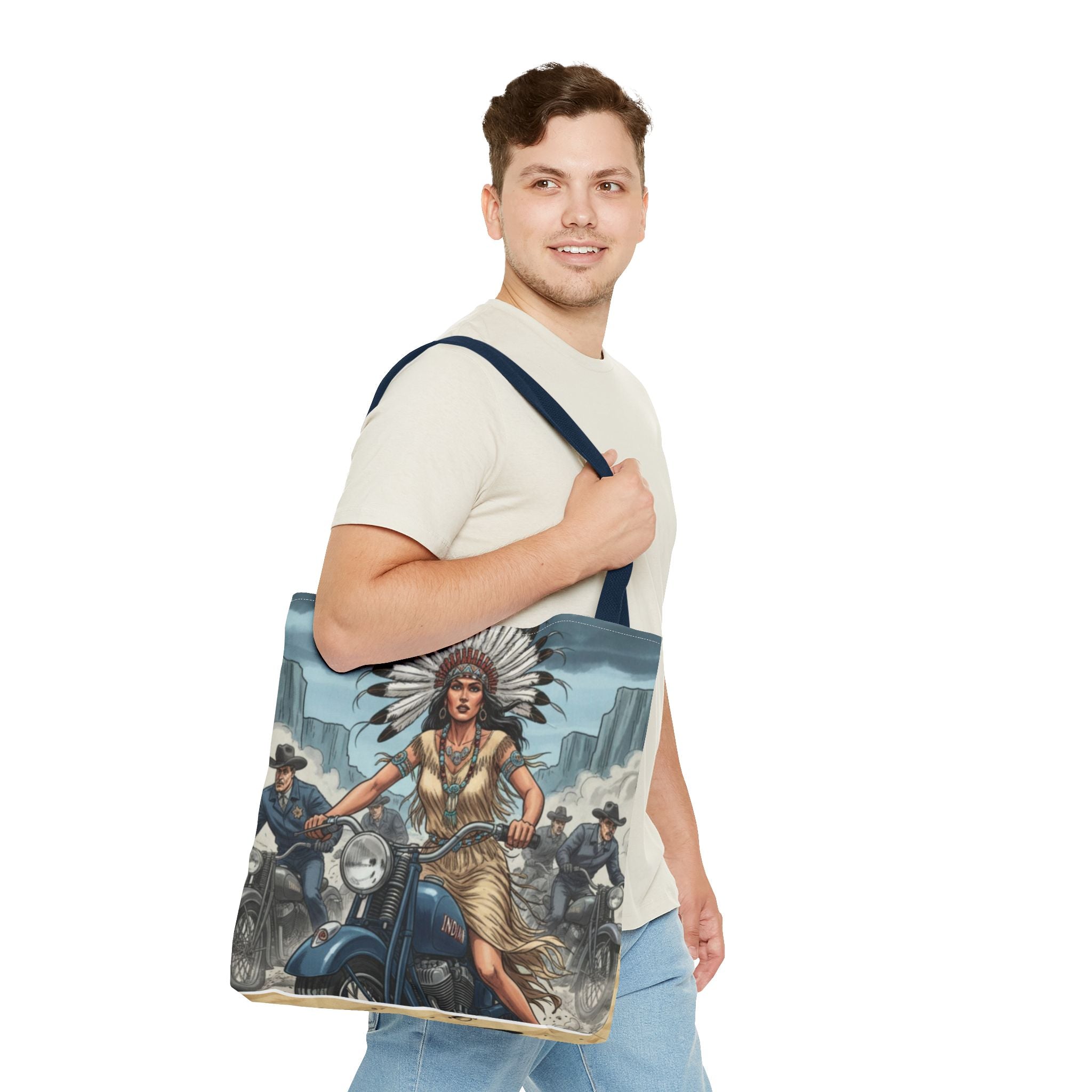 Vintage Biker Tote Bag — Motorcycle Pinup with Headdress