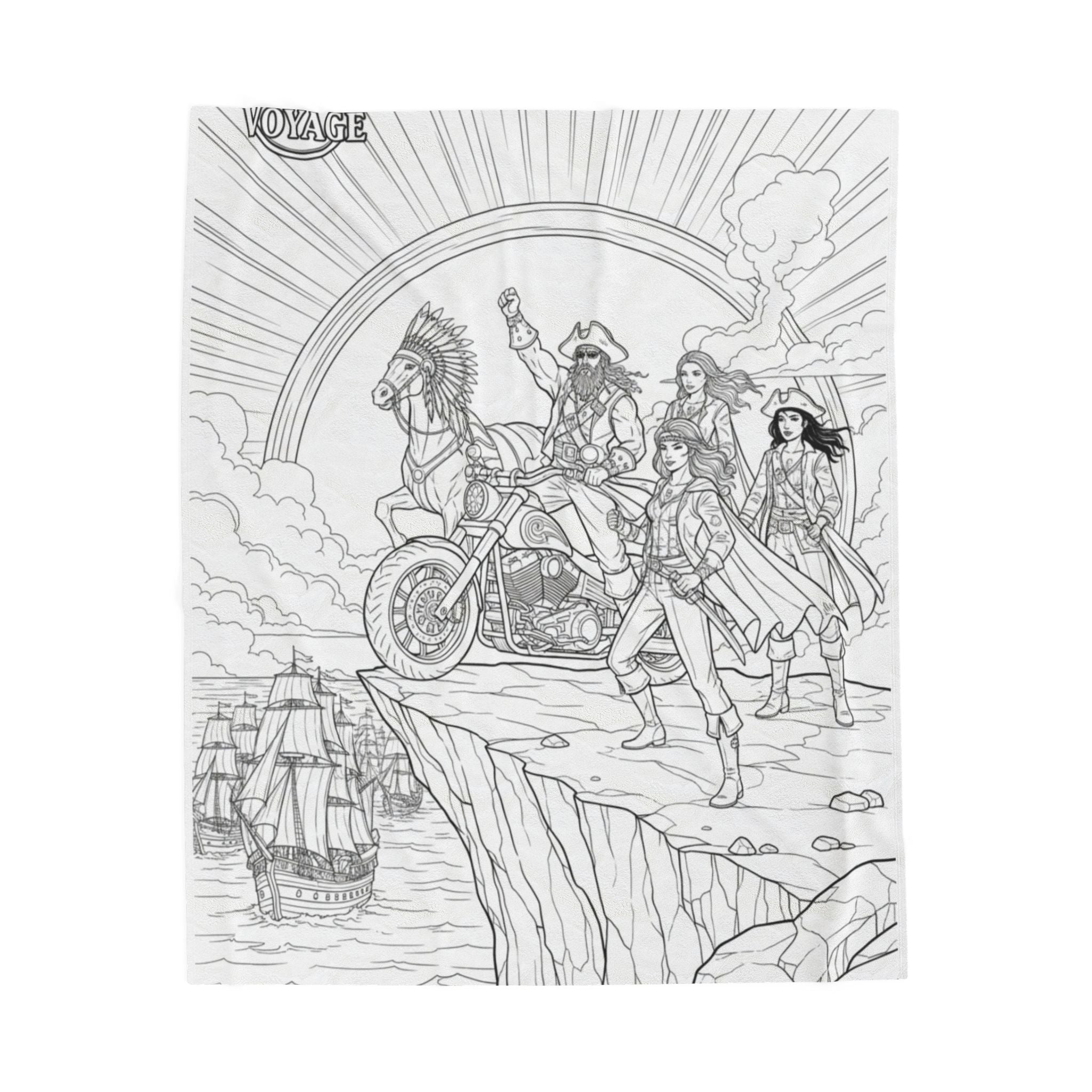 Pirate Crew Adventure Velveteen Plush Blanket — Illustrated Biker-Pirate Scene