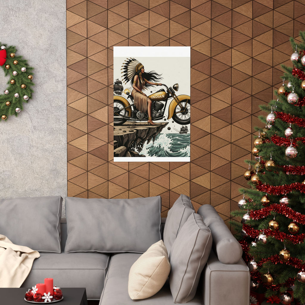 Vintage Indian Motorcycle Poster — Native Rider Matte Vertical Art Print