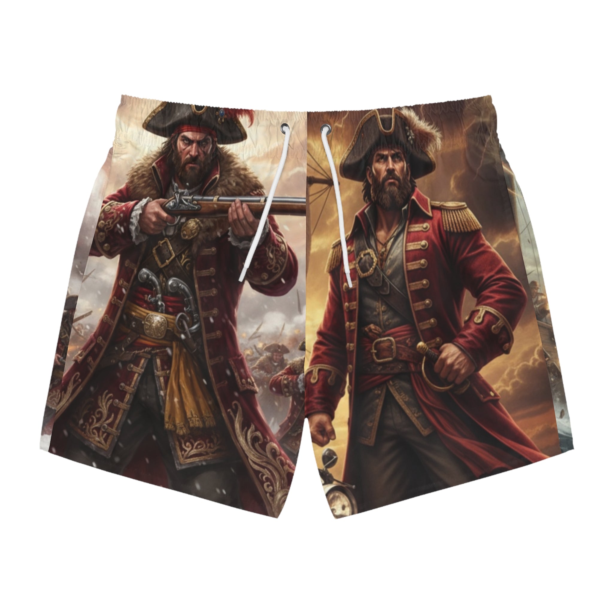 Pirate Captain All-Over Print Swim Trunks — Vintage Buccaneer Beach Shorts
