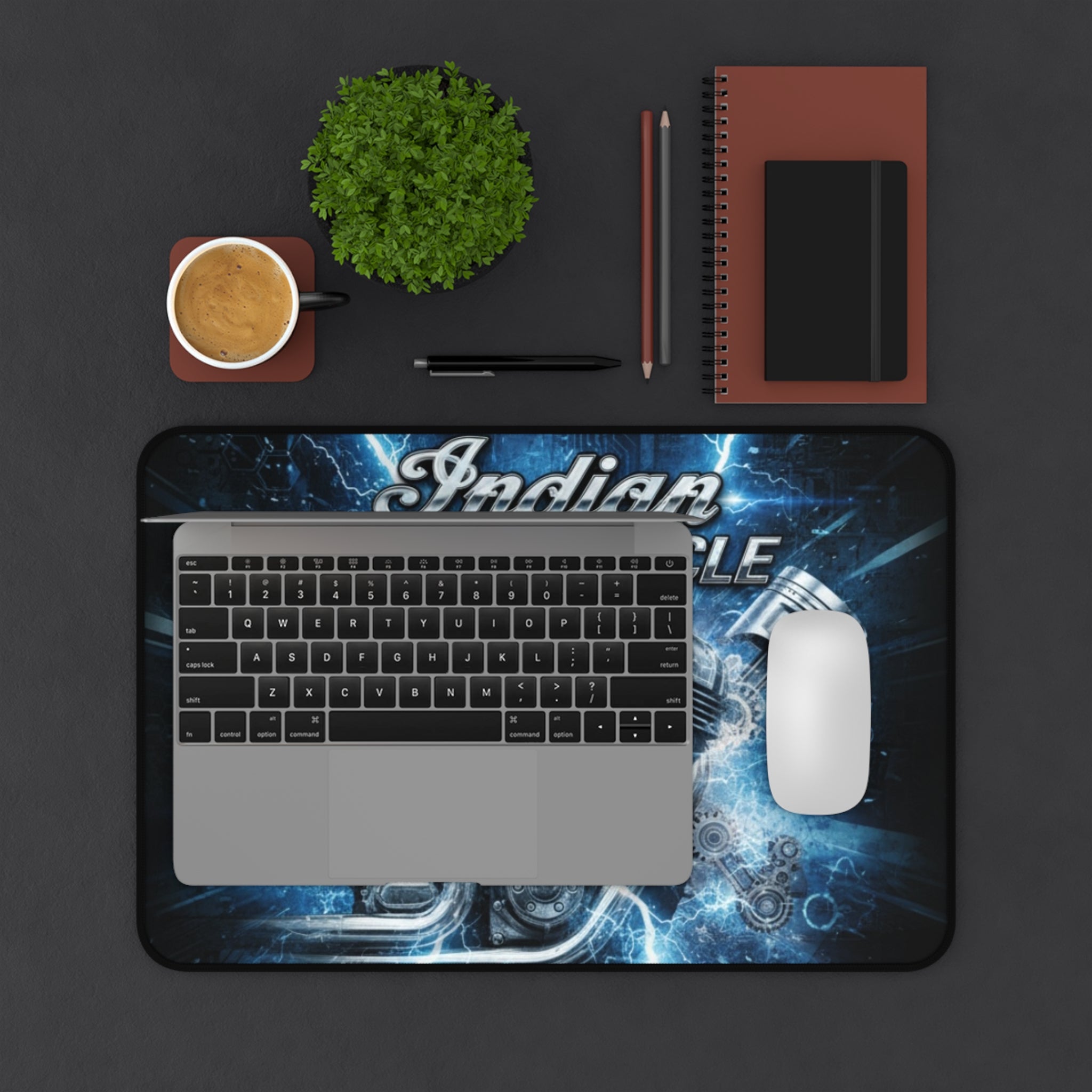 Indian Motorcycle Engine Desk Mat — Blue V-Twin Motor Graphic Mouse Pad