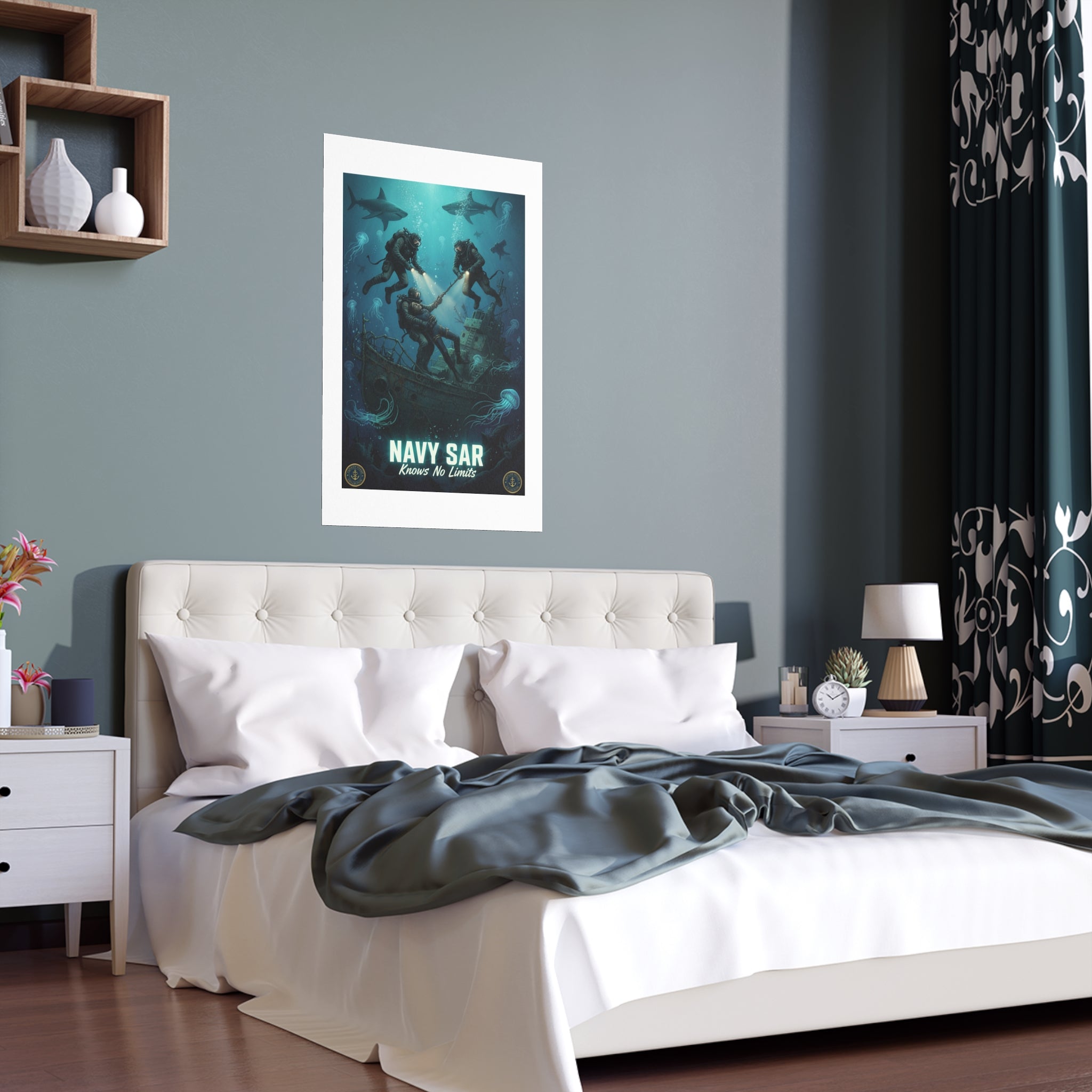 Navy SAR Silk Poster — 'Knows No Limits' Underwater Diver Rescue Art