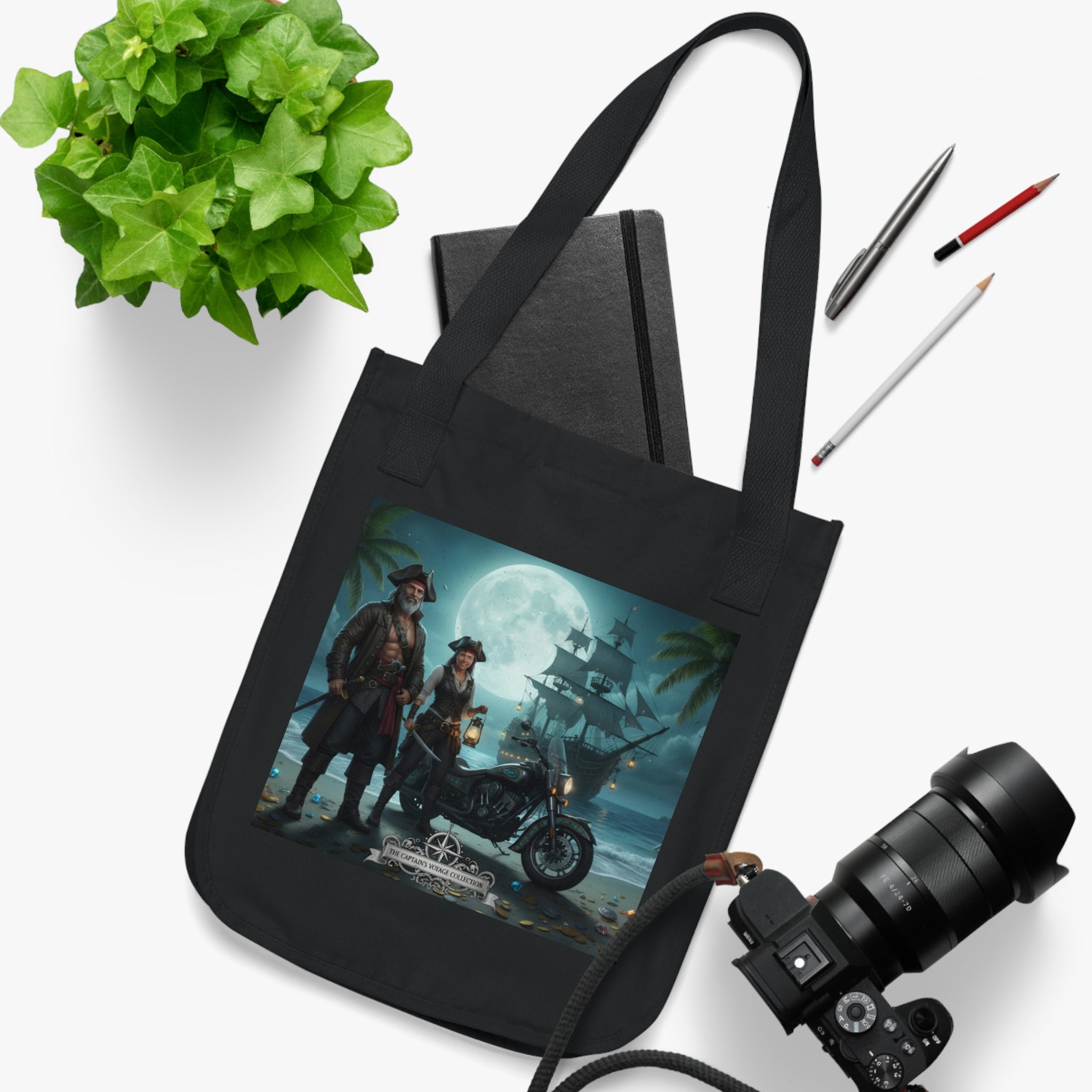 Pirate Night Motorcycle Tote — Moonlit Ship & Buccaneers Organic Canvas Bag