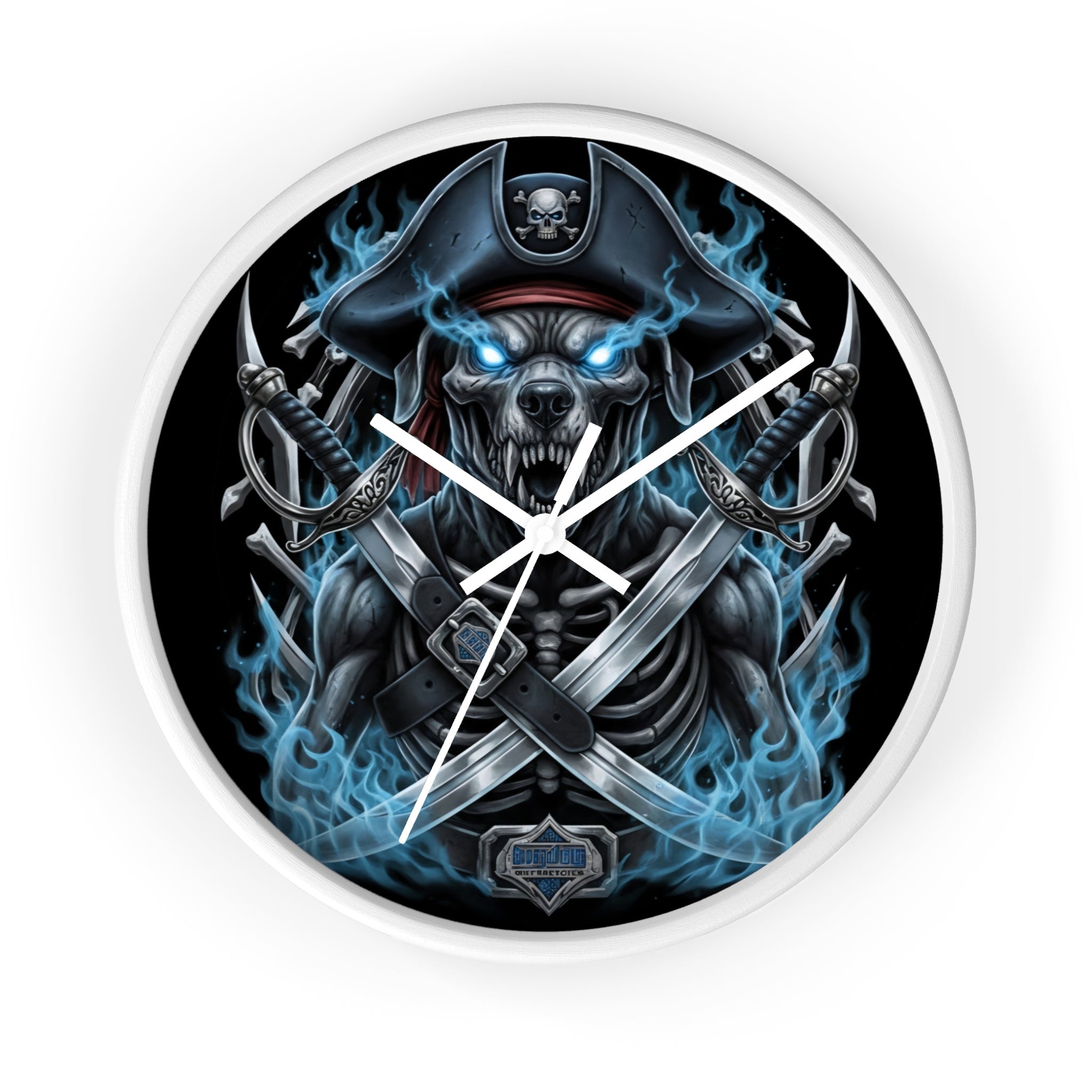 Pirate Skeleton Wall Clock — Blue Flame Skull Nautical Decor