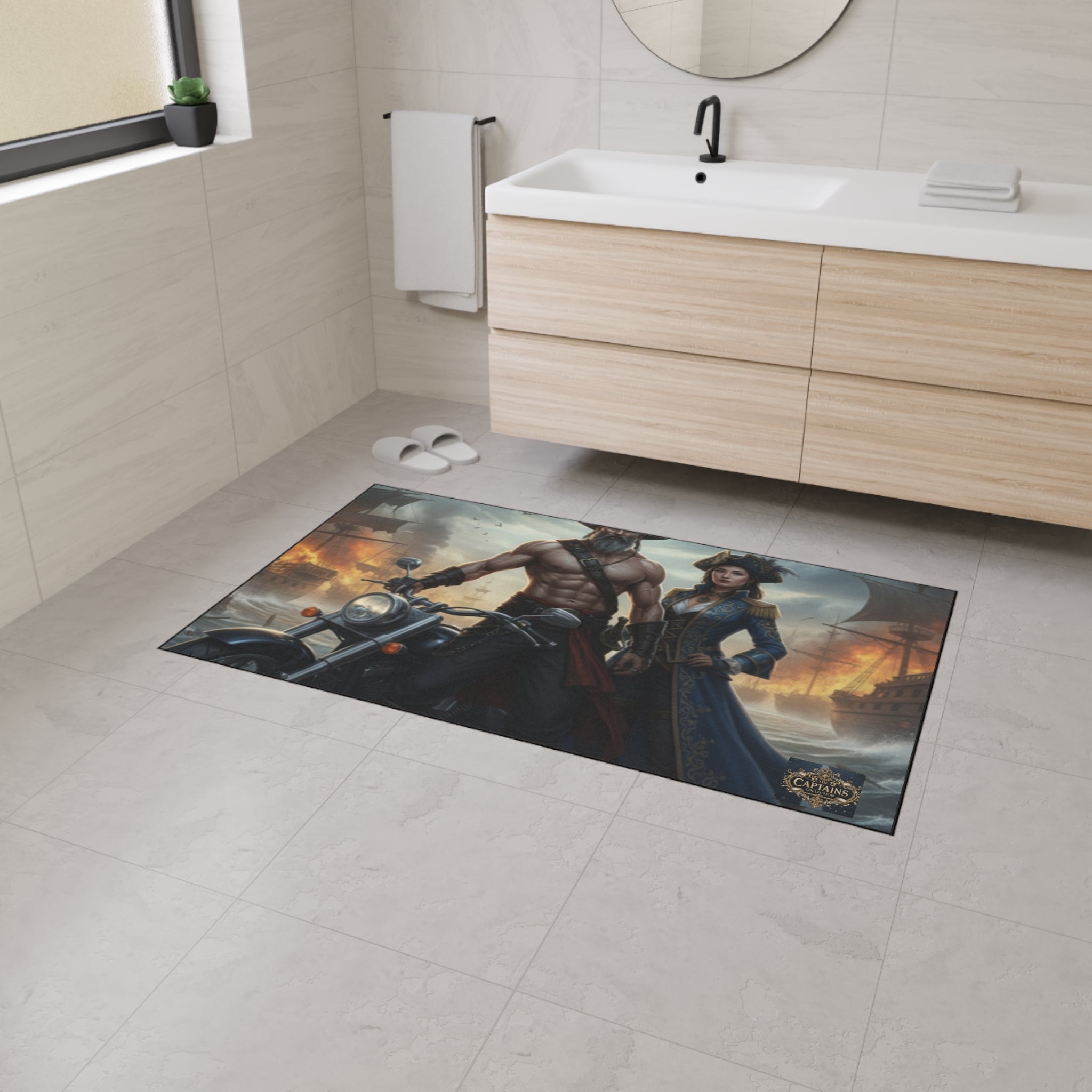 Pirate Captain & Corsair Heavy-Duty Floor Mat — Nautical Motorcycle Art Rug