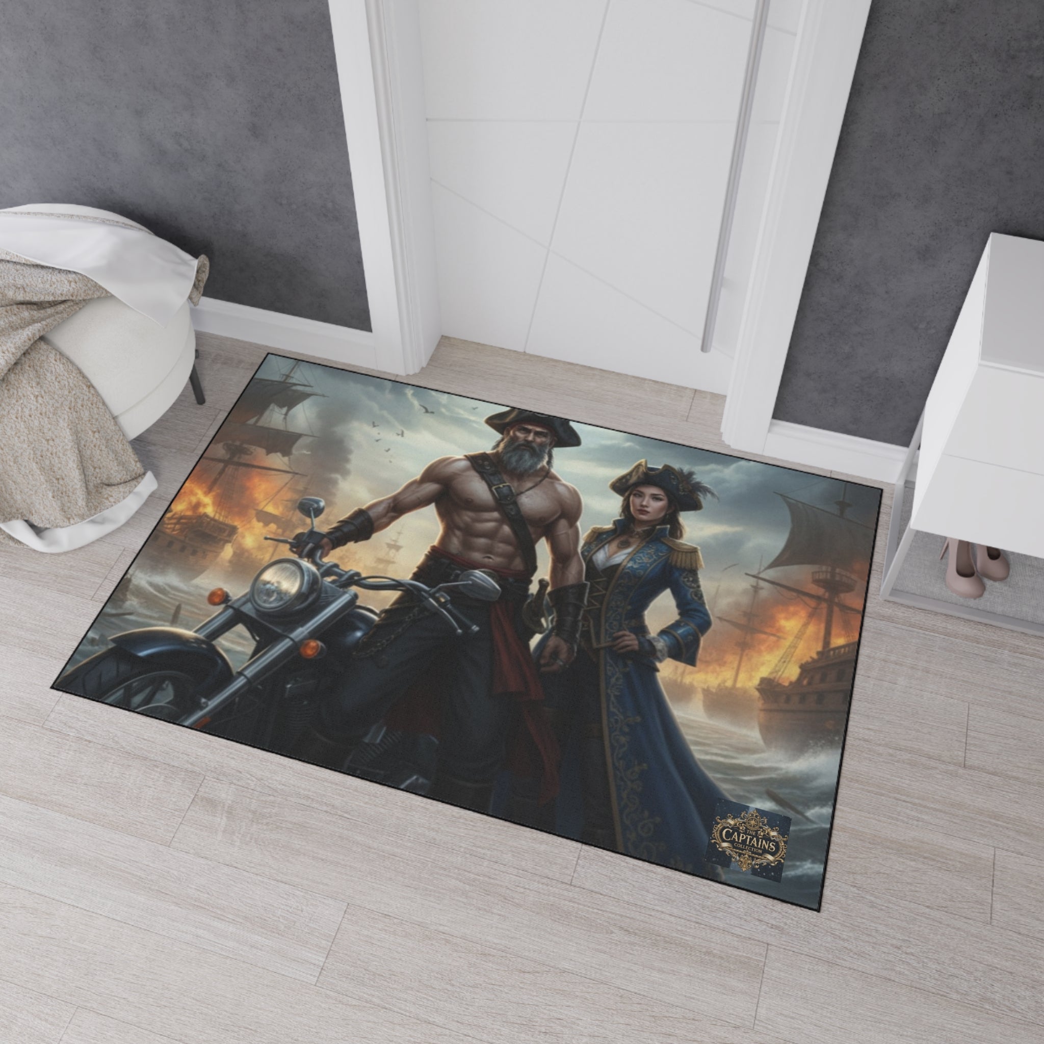 Pirate Captain & Corsair Heavy-Duty Floor Mat — Nautical Motorcycle Art Rug