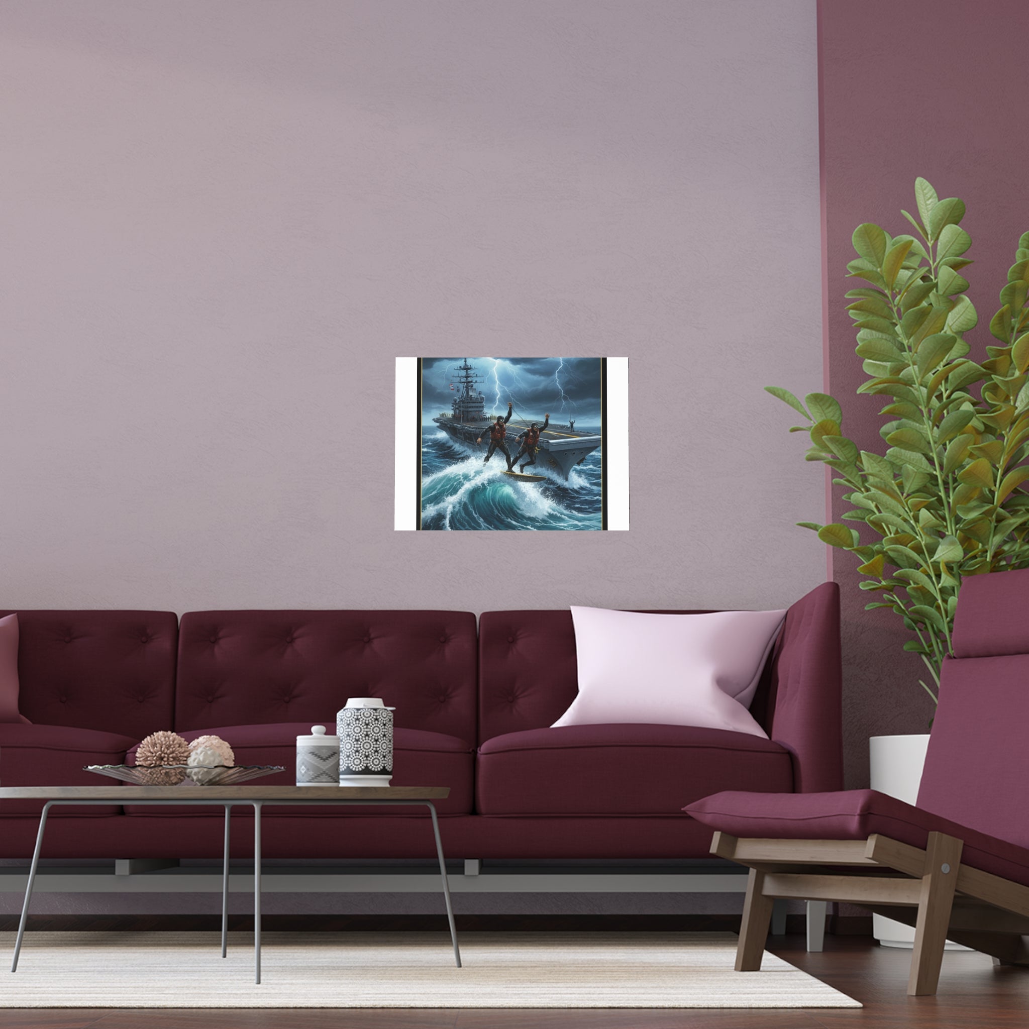 Navy Storm Surfing Silk Poster — Military Aircraft Carrier Art Print (Indoor/Outdoor)