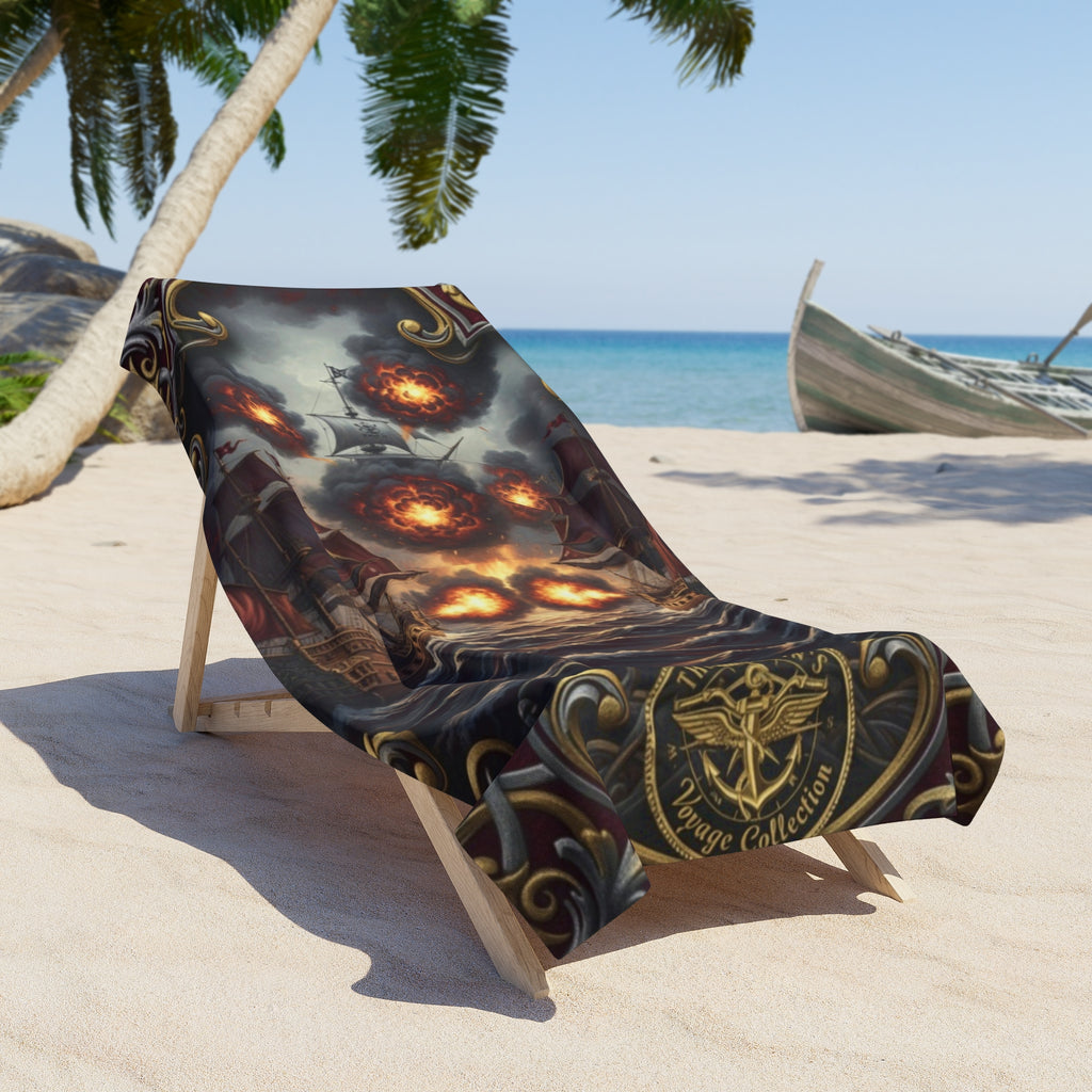 Pirate Armada Beach Towel — Flaming Cannonball Ship Skull Design