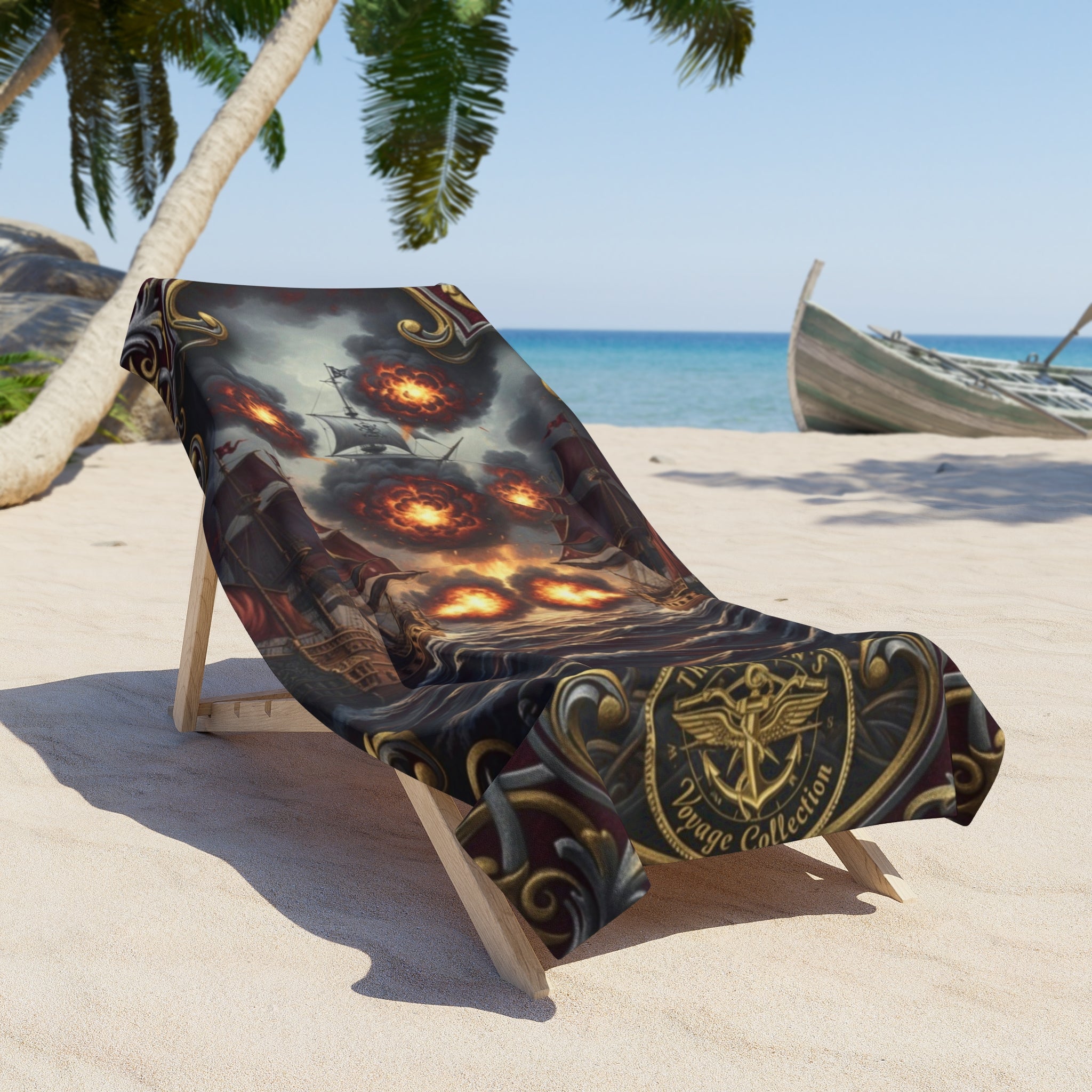 Pirate Armada Beach Towel — Flaming Cannonball Ship Skull Design