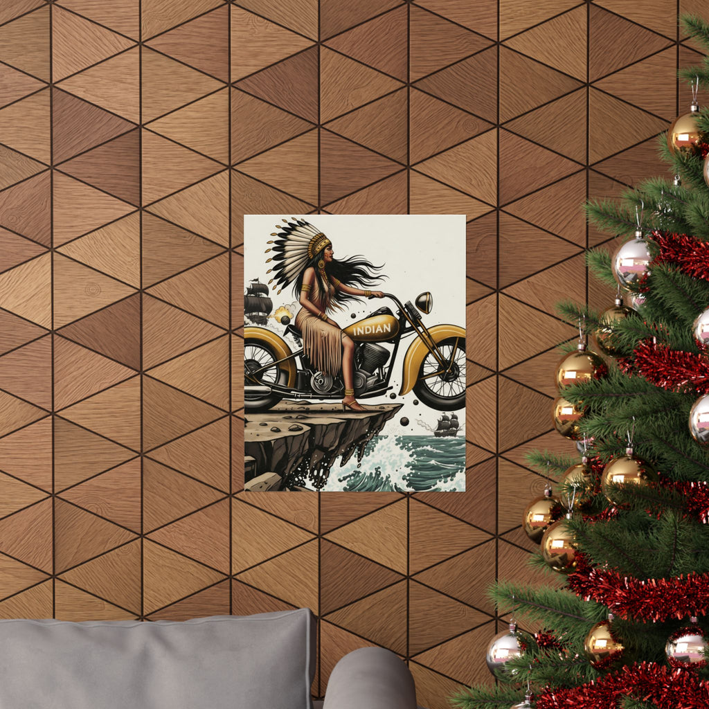 Vintage Indian Motorcycle Poster — Native Rider Matte Vertical Art Print